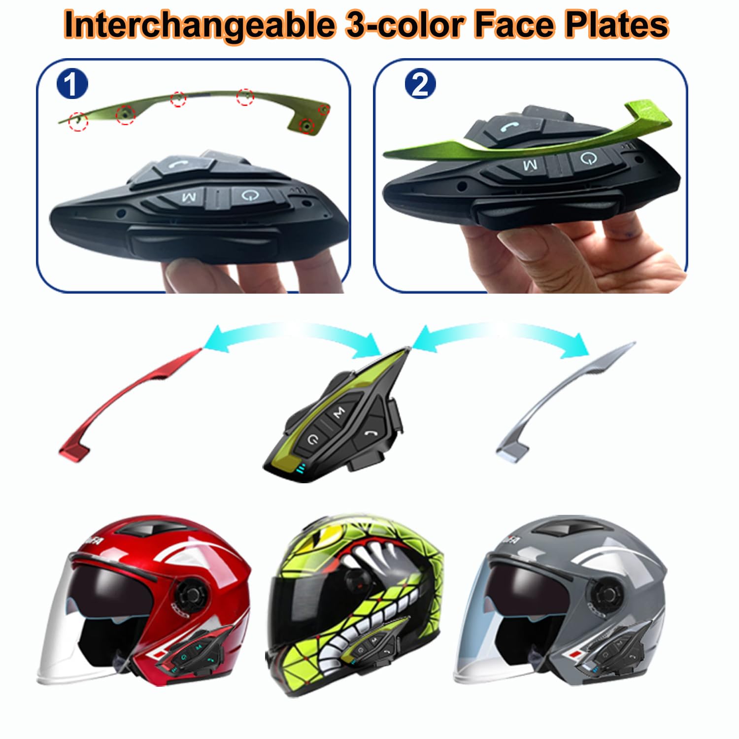 QSPORTPEAK Shark02 Intercom pour Casque Moto, ecouteur pour Casque Moto pour 2 Pilotes/Portée 1000m/Partage de Musique/Sélection de tonalité Multi-Pays,appairage Facile en Une étape,1 Unité
