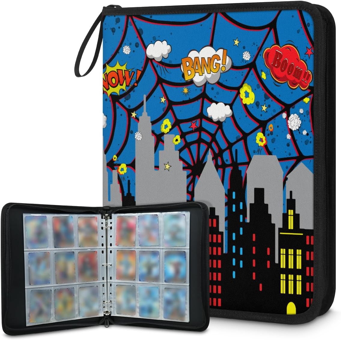 9 Pockets Trading Card Binder, 900 Double Sided Pocket Card Collection for Men Boys Teens City Skyline Blue Web with 50 Removable Sheets Card Album Compatible with MTG, TCG
