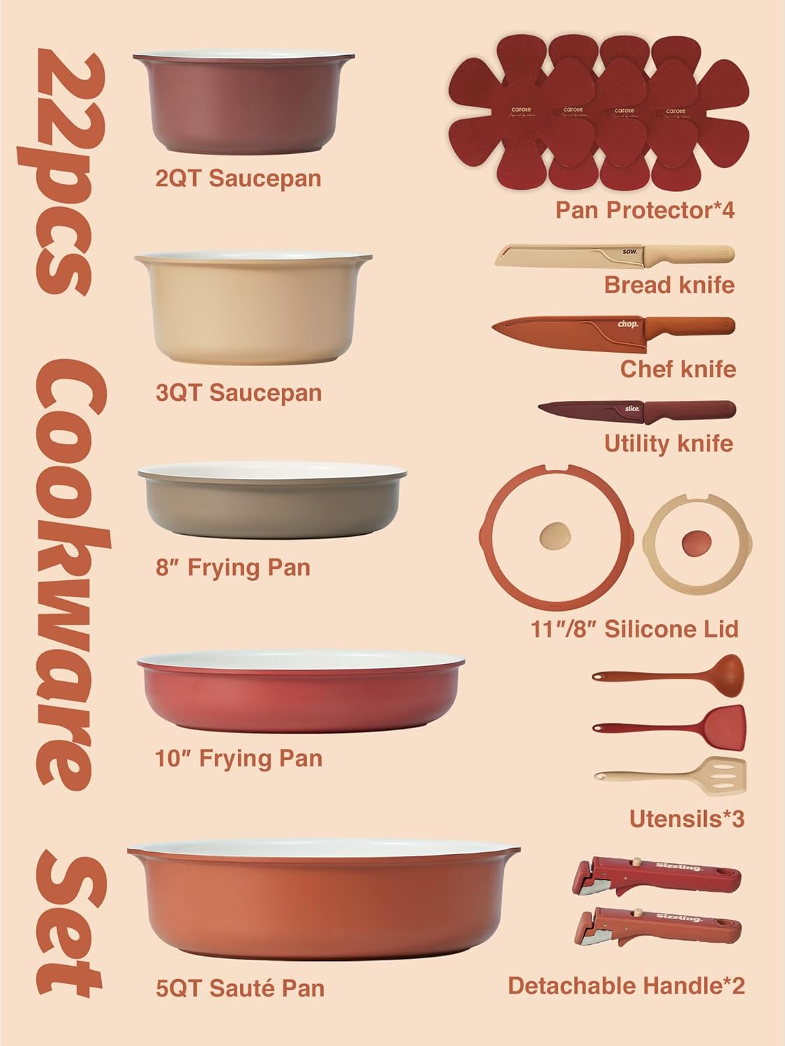 CAROTE 22 Pcs Ceramic Cookware Set Detachable Handle, Non Toxic Pots and Pans Set Non Stick, Induction Kitchen Cookware Removable Handles, Oven Safe, Stackable RV/Camping Cooking Set, Multi-Color