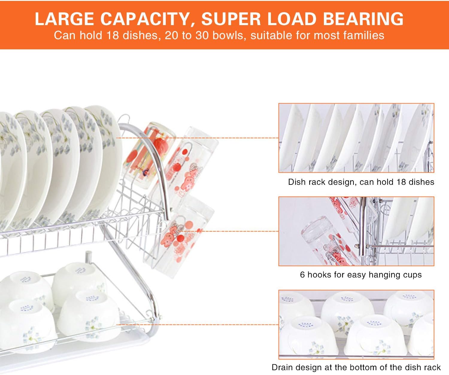 ARyee Two Tier Dish Drainer Rack Silver, Bowls Dishes Plates Cup Holder with Drip Tray 6 71YFOD7jmGL. AC SL1500