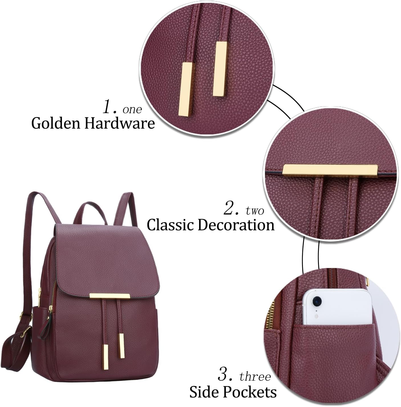 KKXIU Trendy Leather Backpack Purse for Women and Ladies Shoulder Travel Daypacks Bags (A-Wine) - Image 5