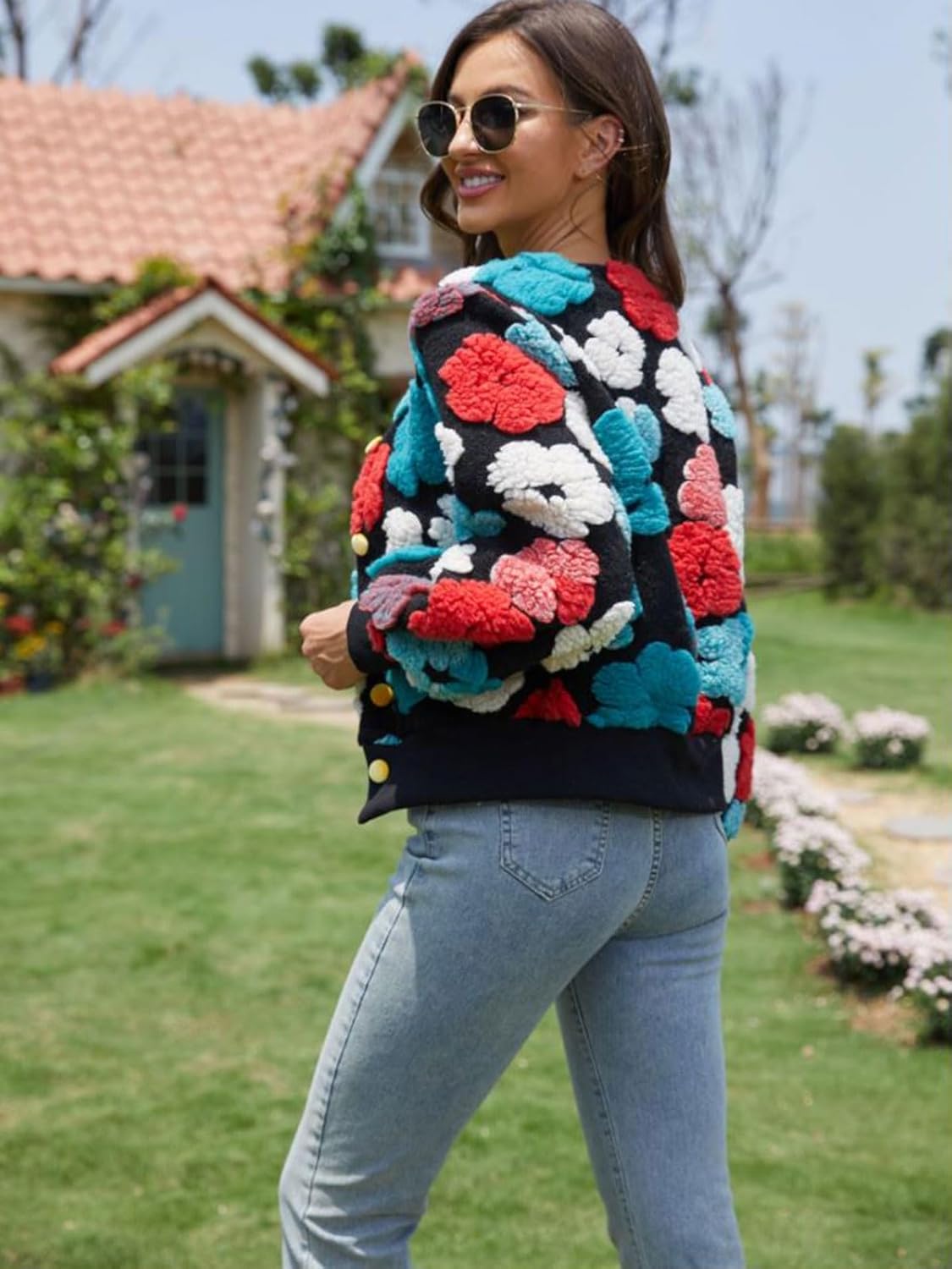 KANSOON Bomber Jacket Women Cropped Floral Button Down Varsity Jacket Long Sleeve Casual Streetwear Fall Winter Warm Coat - Image 6