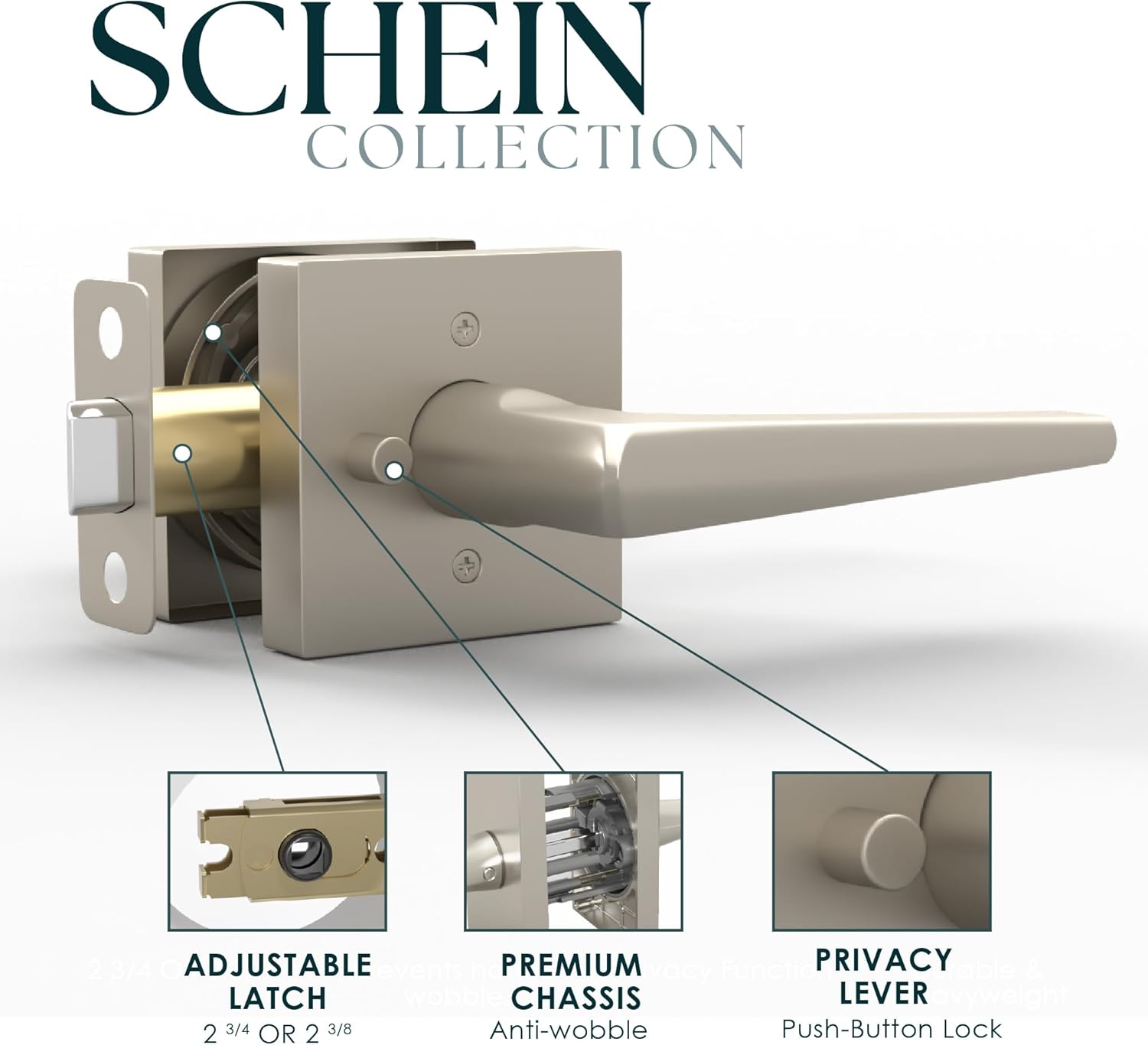 Mega Handles Schein Privacy Door Handle - 1 Pack Reversible Brushed Nickel Door Handles, Heavy Duty Bed & Bath Door Handles with Privacy Door Lock, Fits All Standard Doors - Satin Nickel