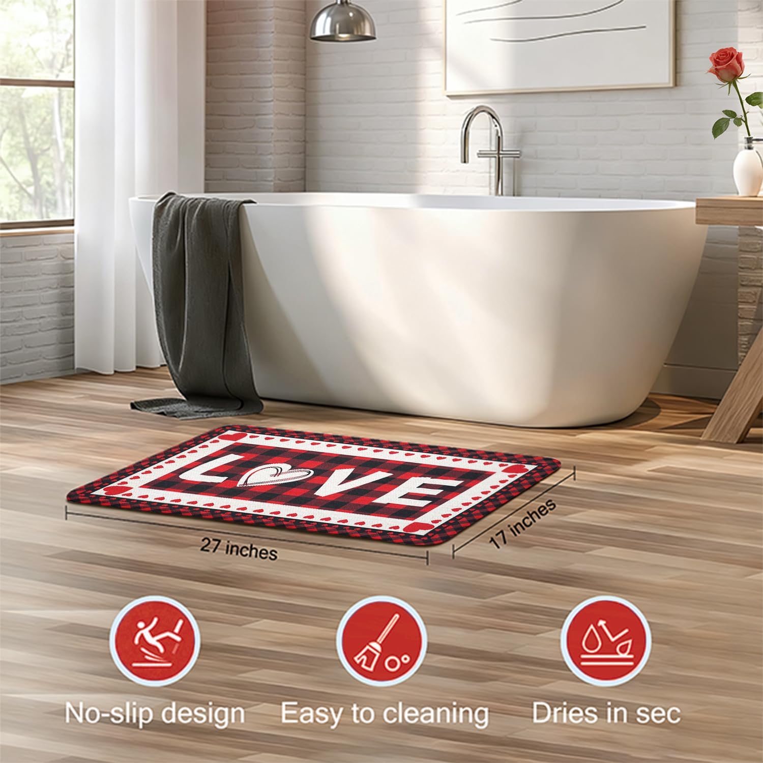 Valentine's Day Bath Mats for Bathroom 17x27 Inch Non-Slip Washable Valentines Love Heart Bathroom Rugs Super Absorbent Valentine Anniversary Wedding Home Decor Rug