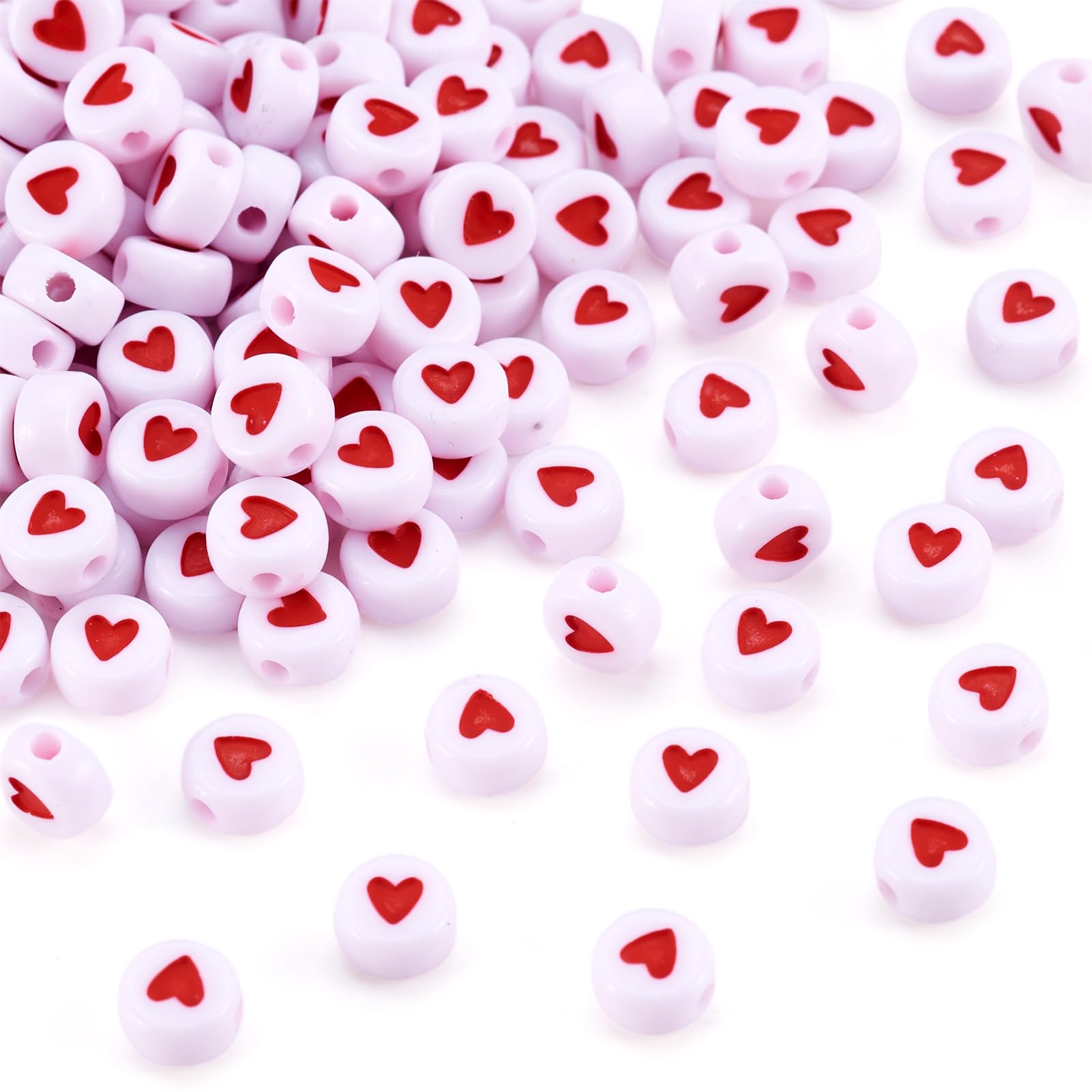 Cheriswelry Acrylic Heart Pony Mini Beads -Red Love - 200 Pieces- 7mm- White
