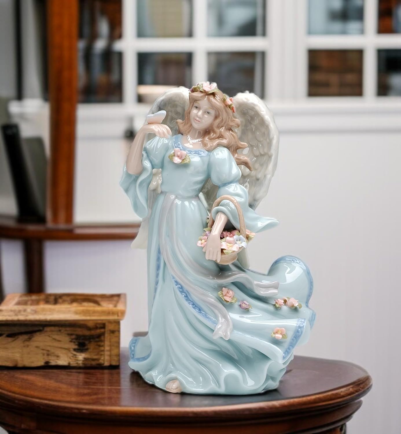 Fine Porcelain Inspiration Angel with Flowers Basket & Butterfly Music Box Figurine (Tune: Wind Beneath My Wings), 8-1/8" H