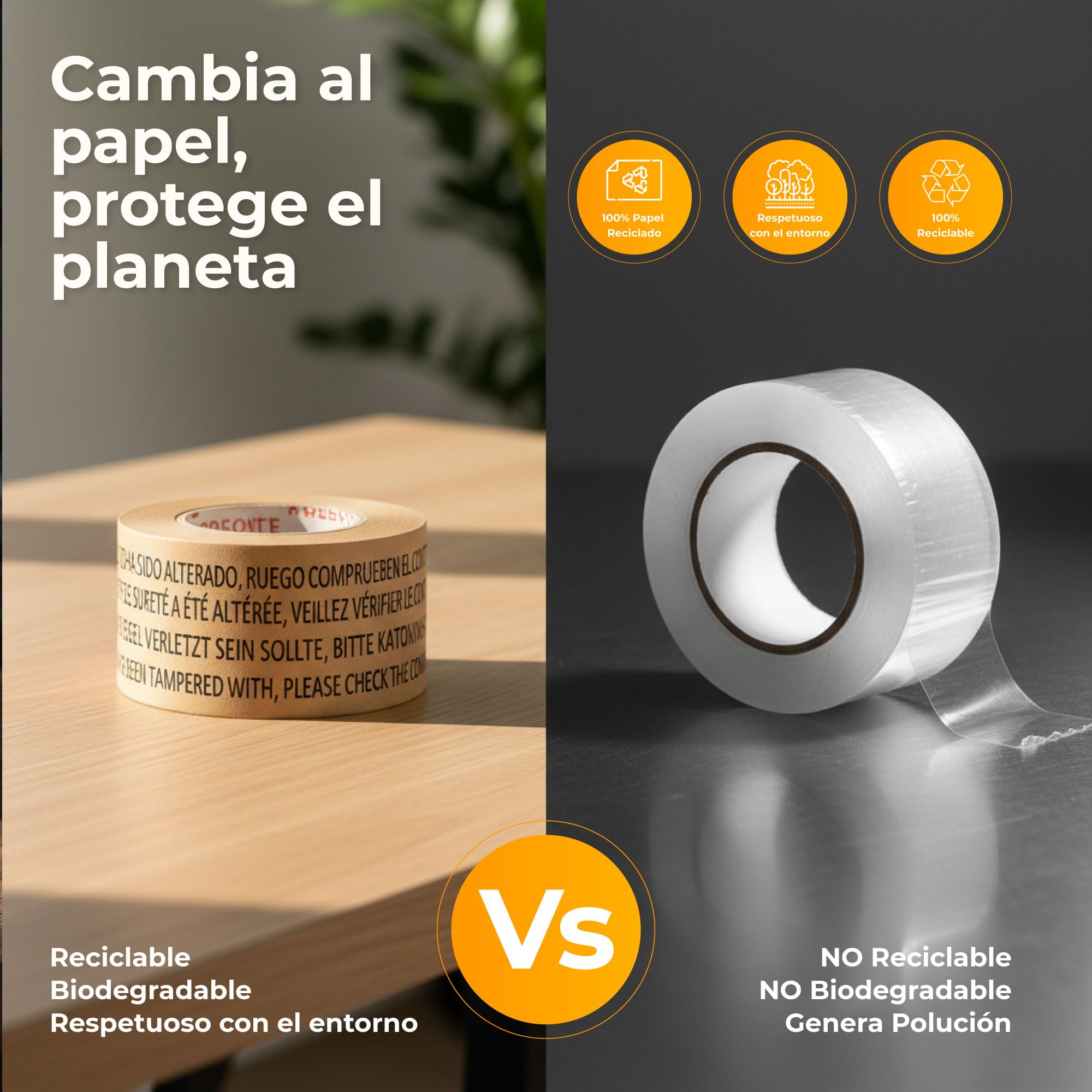 Caja Profesional de 24 Rollos de Cinta de Papel Kraft Engomada Activada por Agua, 70 mm x 100 m, Precinto de Seguridad Impreso, Adhesivo Vegetal, Mandril de 76 mm
