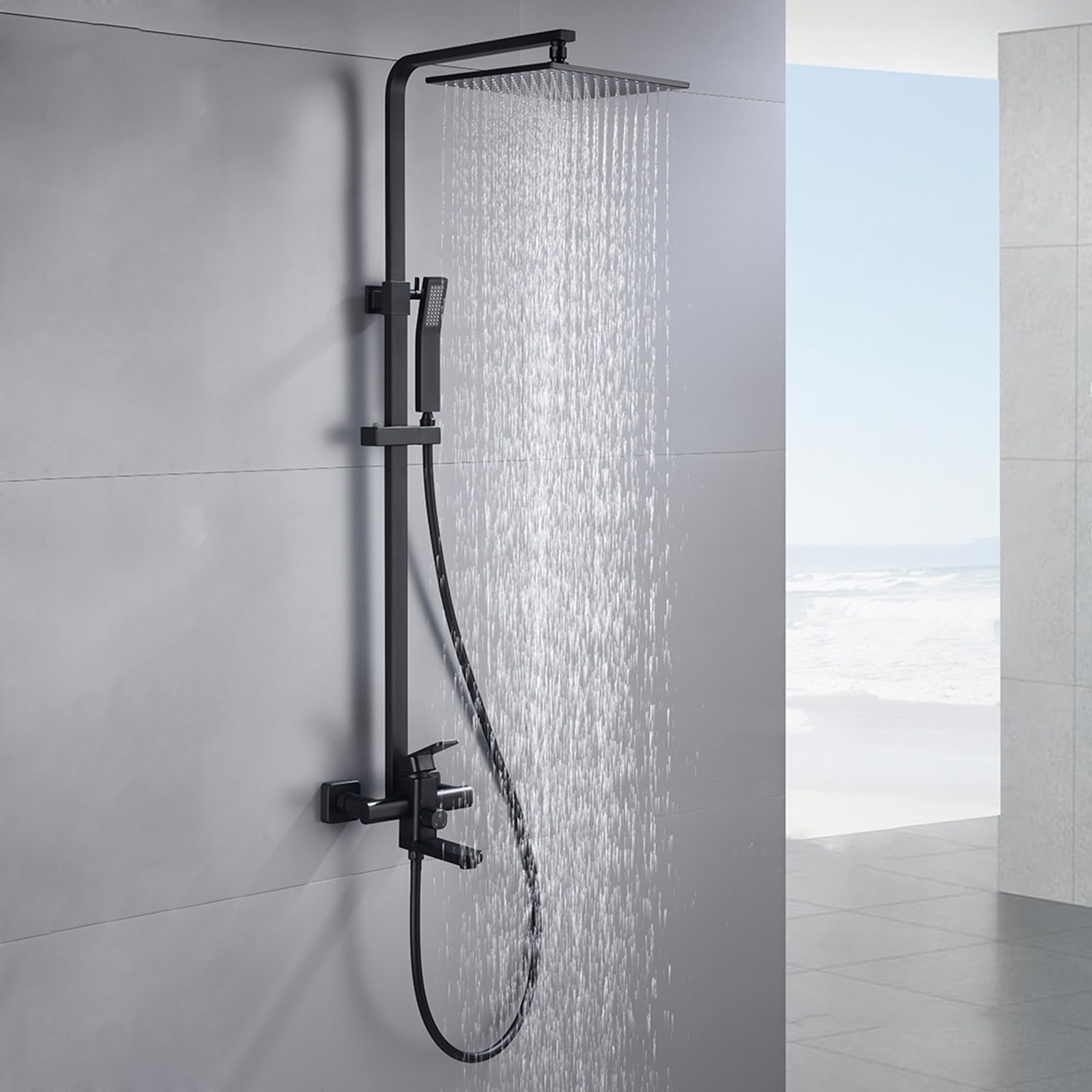 BiaoTeng Set Doccia con Soffione e Doccetta e Miscelatore, Colonna Doccia da Muro con Miscelatore Ottone, Kit Doccia con Soffione e Doccetta Miscelatore Nero