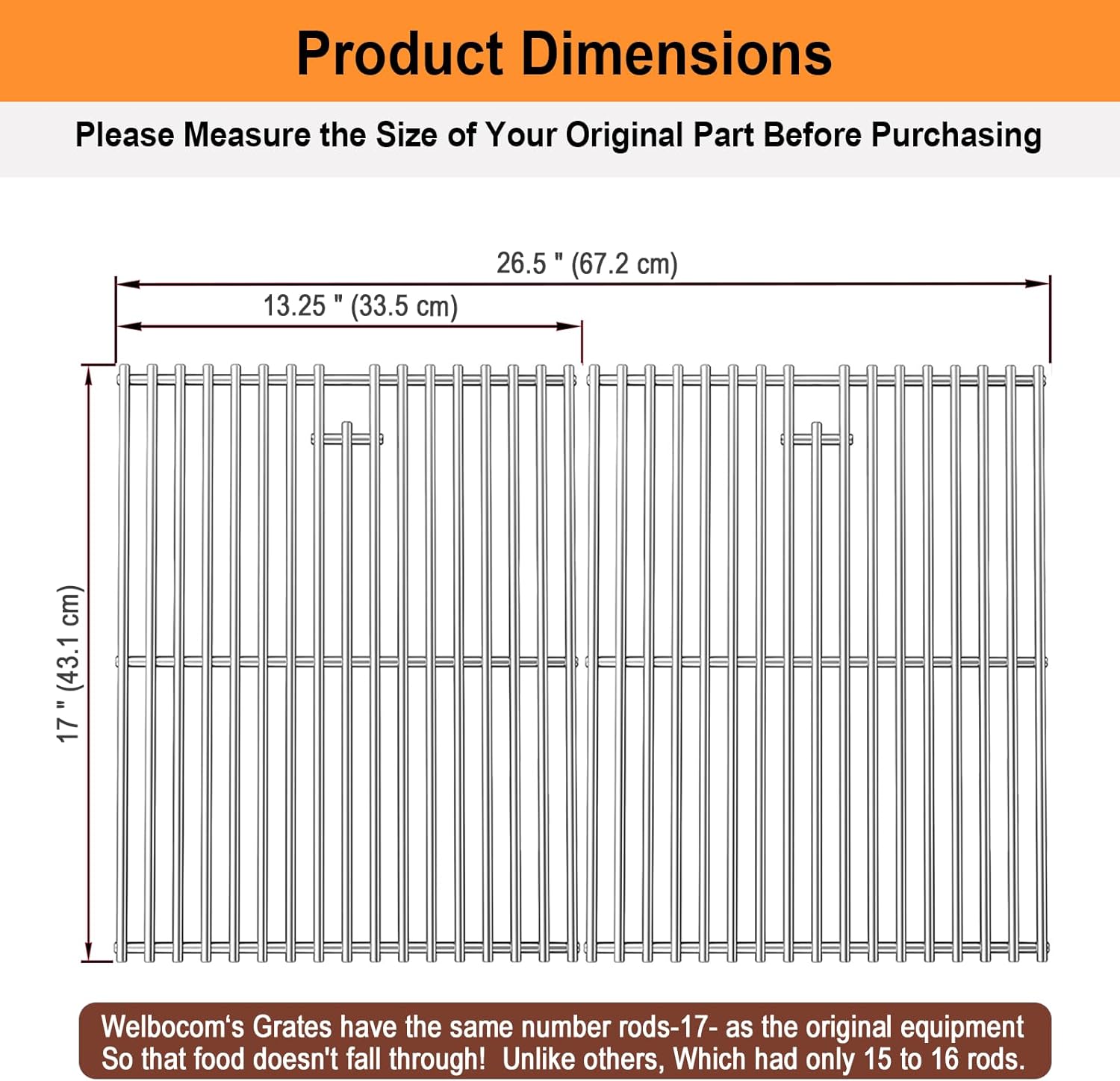 17" Grill Grates for Nexgrill 720-0830H 720-0830D 720-0783E 720-0888 Gas Grills; Uniflame Grill Grates; Nexgrill Grill Grates; 304 Stainless Steel Grill Grates; 2-Pack
