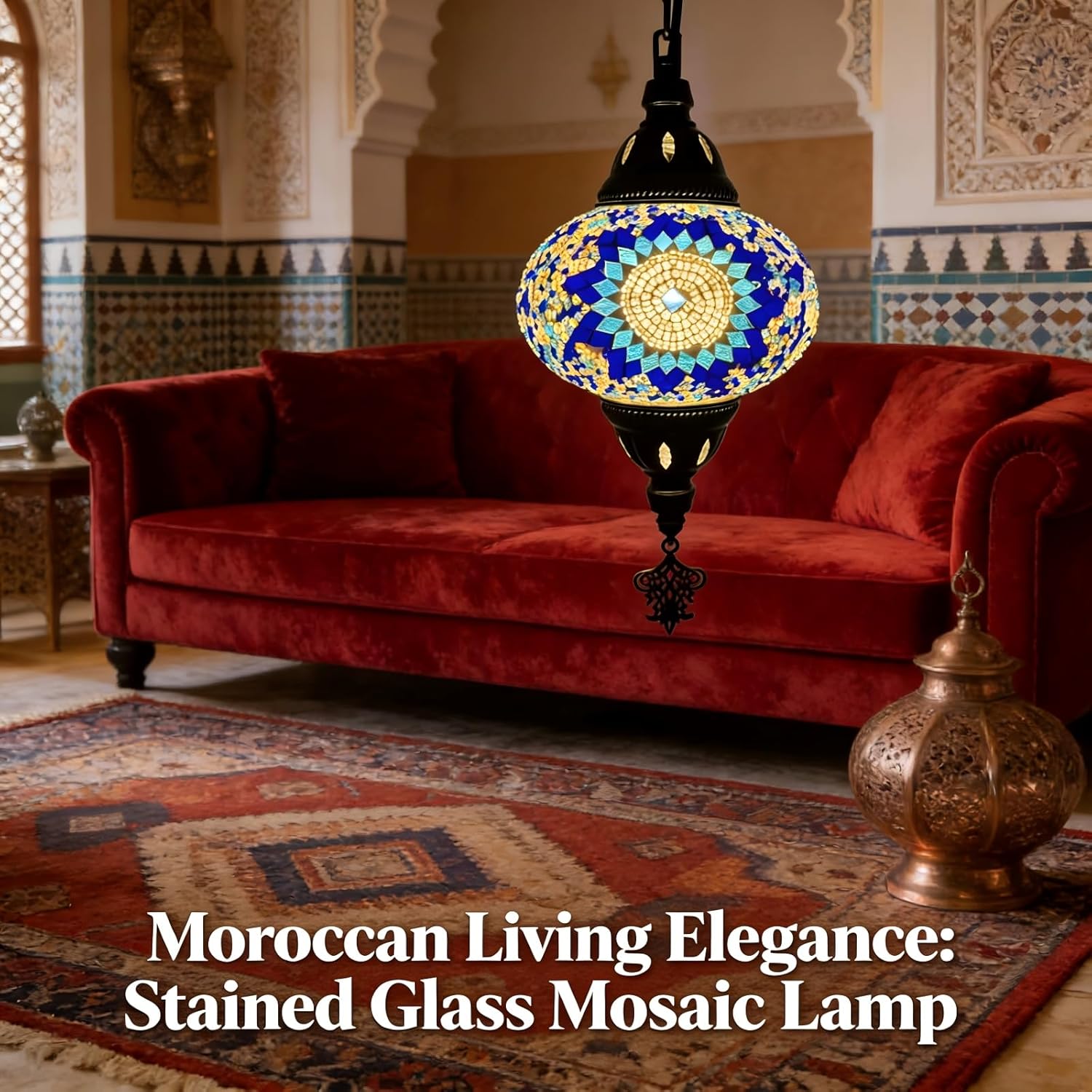 Turkish Handmade Mosaic Plug-in Pendant Light - 6" Globe Hanging Ceiling Fixture, 15ft Swag Chain & Cord, US/CA Plug, Moroccan Exotic Home Decor (Colorful 1)