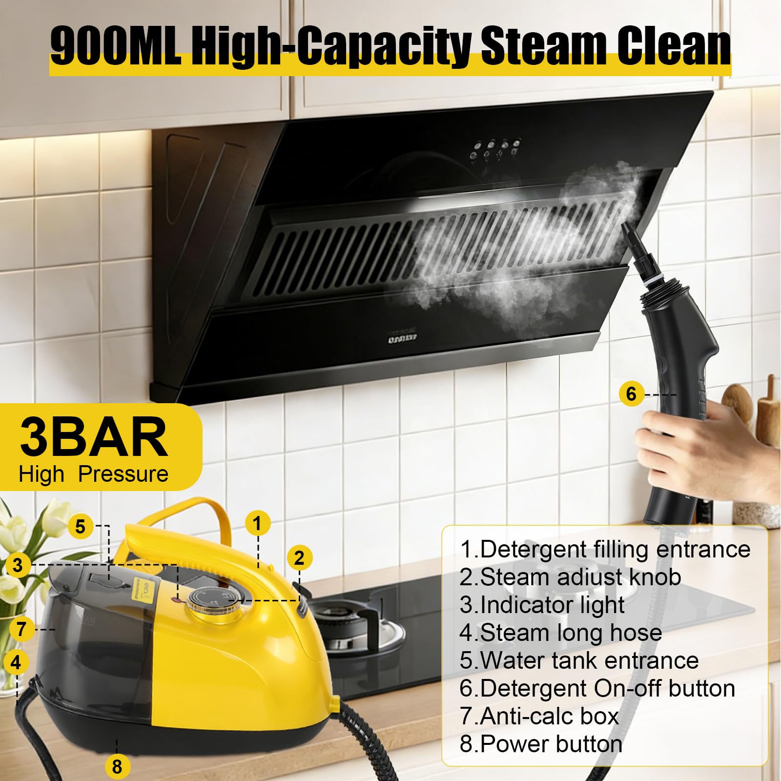 Dampfreiniger, 1800W Tragbarer Dampfreiniger Boden mit 900-ml-Tank, 15 Zubehörteile, Handdampfreinige für die Reinigung von Öfen, Teppichen, Sofas, Polstern, Spielzeug und glatten Böden
