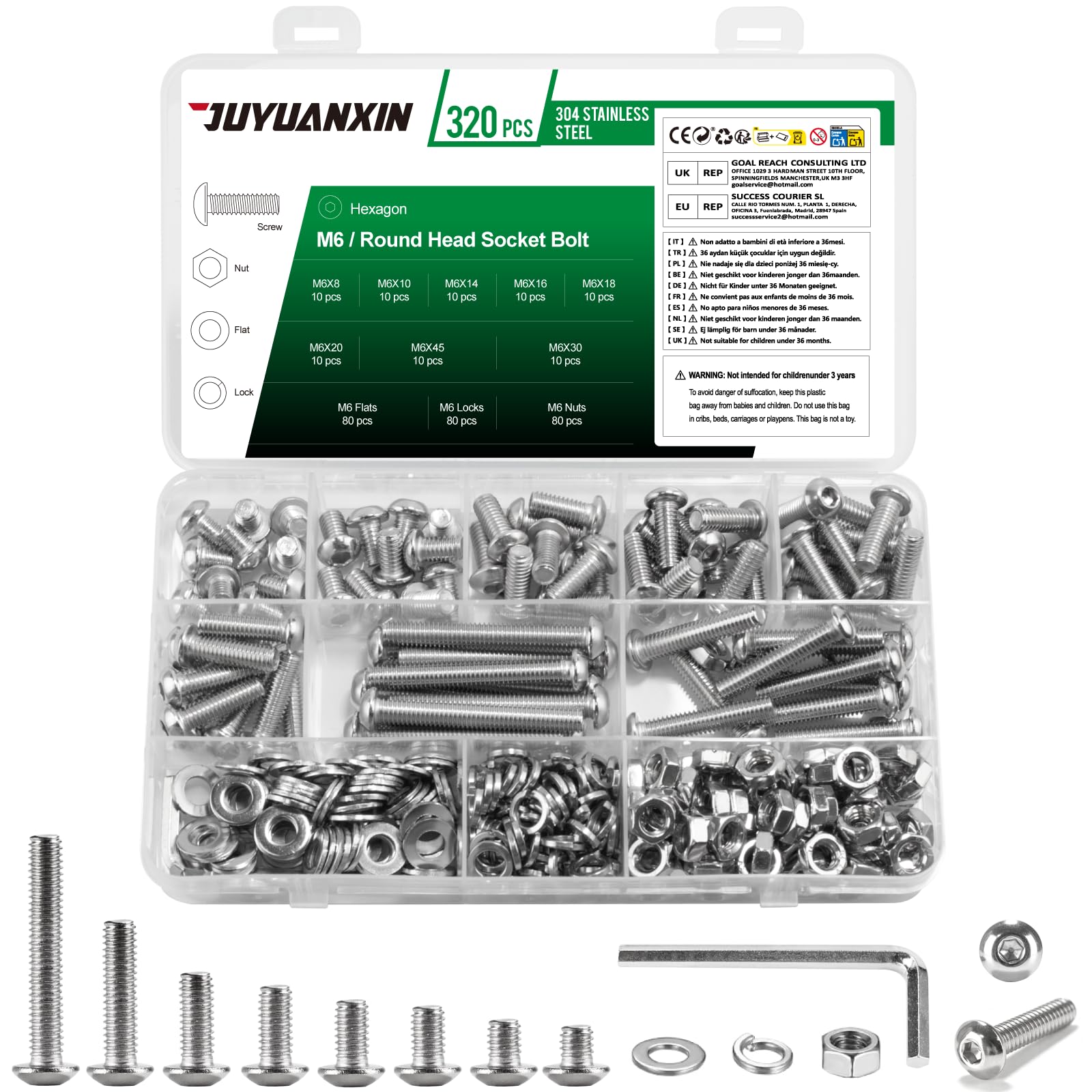 320 Pcs M6 Screws Set, M6 Bolts and Nuts Set, Assorted Nuts and Bolts Set, Hex Socket Head Cap Screws Bolts and Nuts Set with Washers Set, Pan Head Round Head Machine Screws Assortment Kit