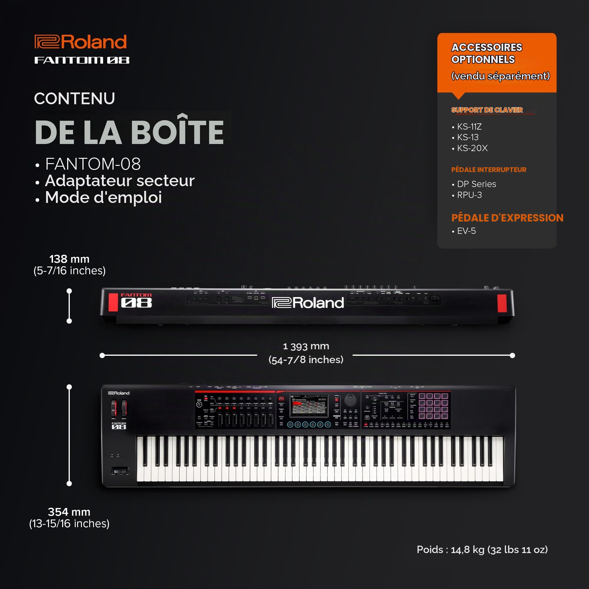 CLAVIER SYNTHÉTISEUR À TOUCHER LOURD FANTOM-08 Roland - Clavier à 88 touches lestées | Des milliers de sons Roland acoustiques et électroniques | Technologies ZEN-Core et SuperNATURAL