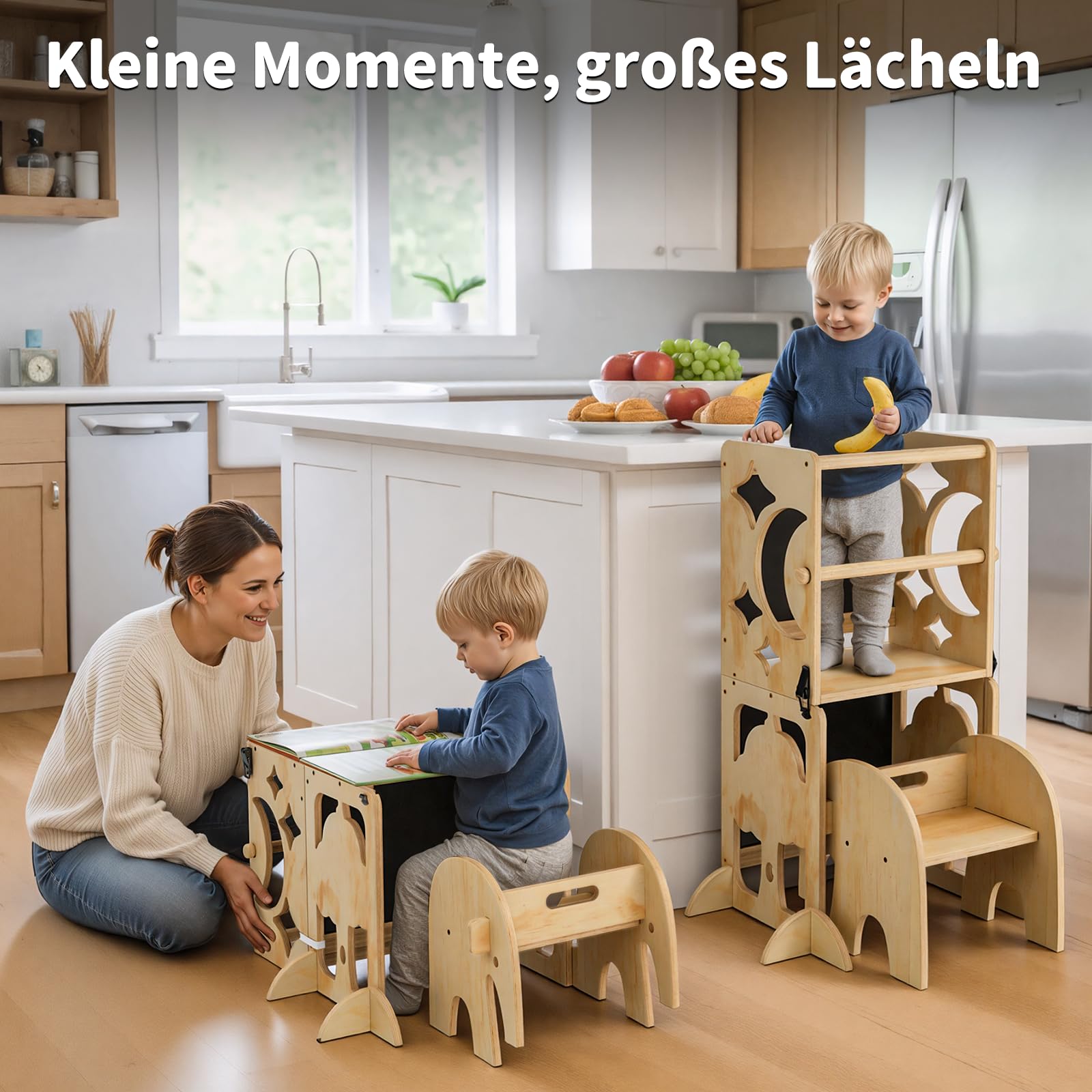 COSYLAND Lernturm ab 1 Jahr, klappbar – 4in1 Lernturm Kinder mit Doppeltafel, Stehhilfe & Schreibtisch mit Stuhl, Elefanten-Hocker als Tritthocker, Natur