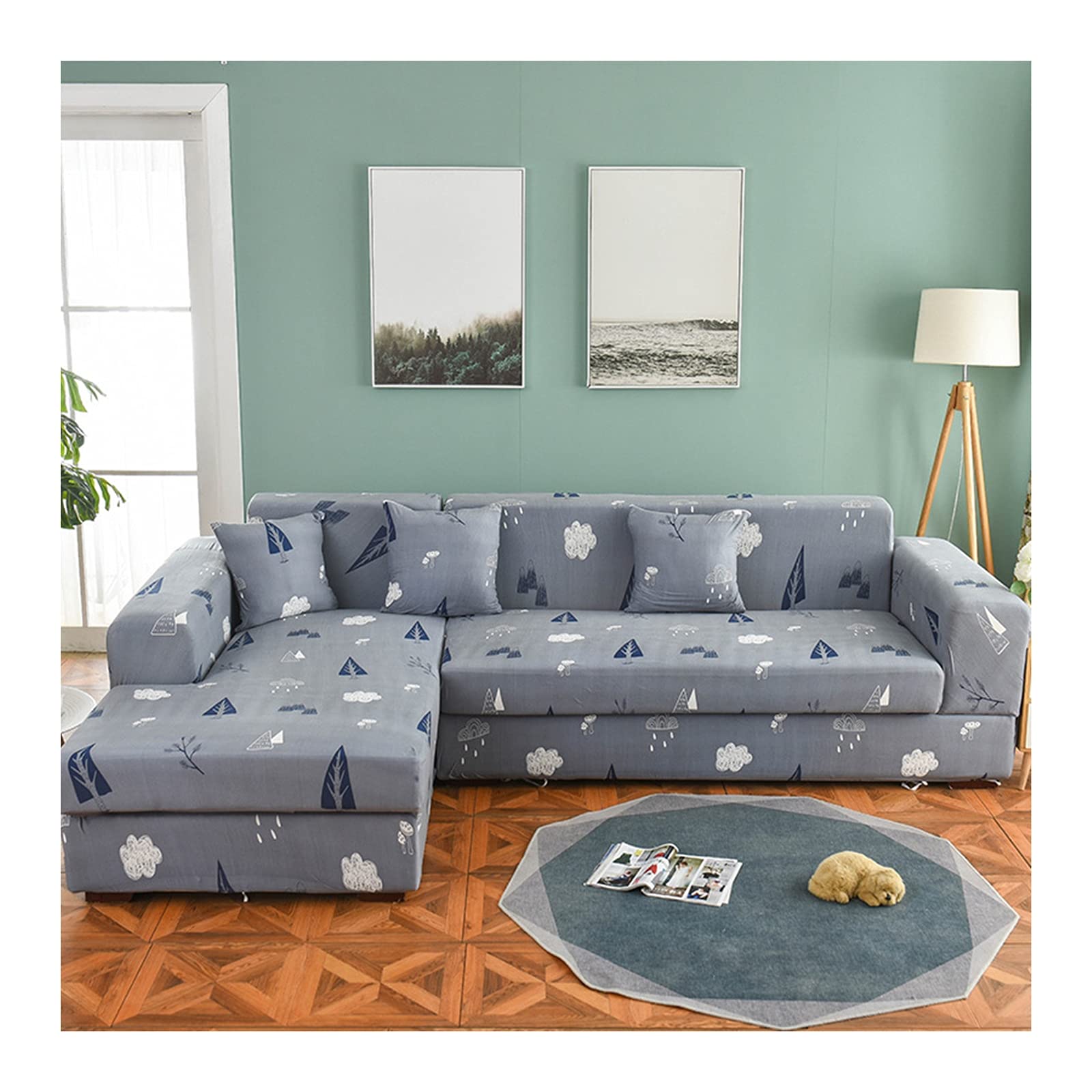 Housse canapé 4 places style nuages et arbres protecteur 235-300cm