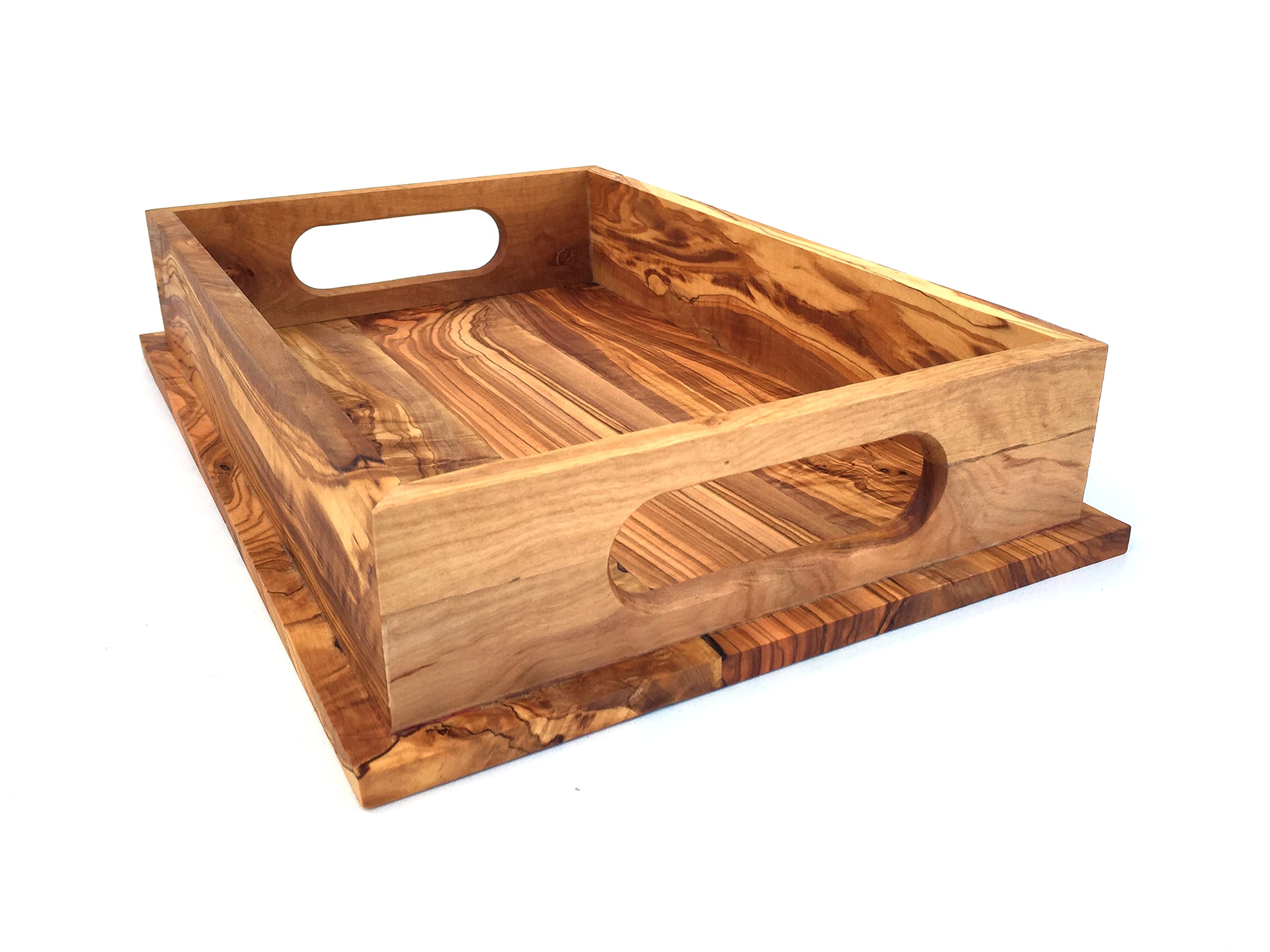 Serviertablett mit 2 Griffe rechteckig 35 x 24 x 7 cm, Tablett, handgefertigt aus Olivenholz
