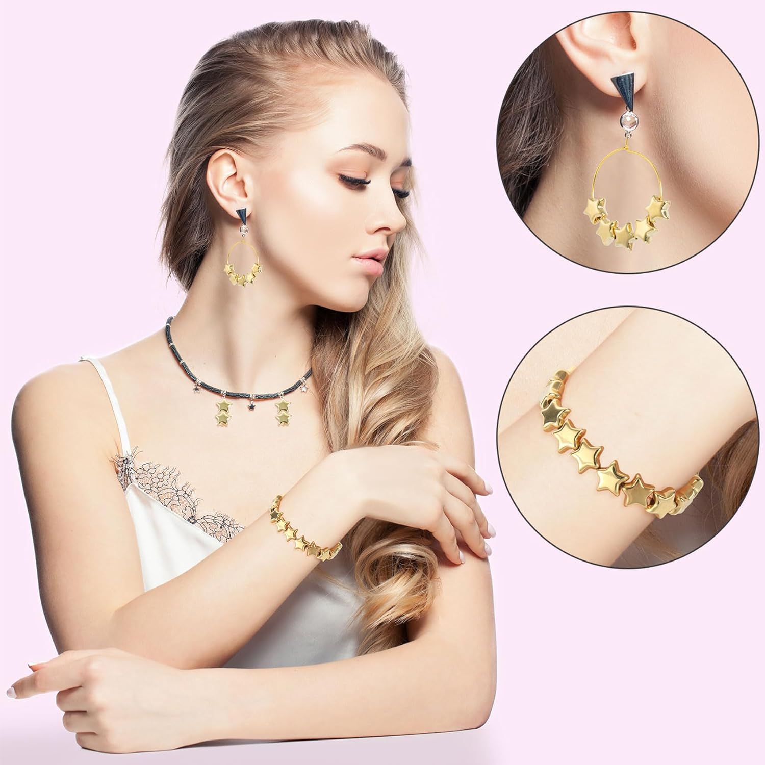 OIIKI 100 PCS Acrylic Star Shape Beads, Star Shape Charming Bead, Acrylic 8mm Beads for DIY Jewelry Craft Making Necklace Bracelet Supplies - Gold - Image 6