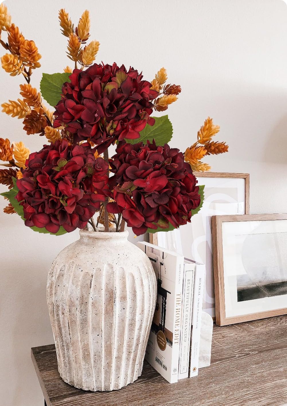 Hollyone 3Pcs Dark Red Hydrangea Artificial Flowers Faux Dried Touch Hydrangeas Silk Flowers with Stems Fake Fall Florals Flower for Home Wedding Table Centerpiece Vase Arrangements Fall Decorations - Image 5