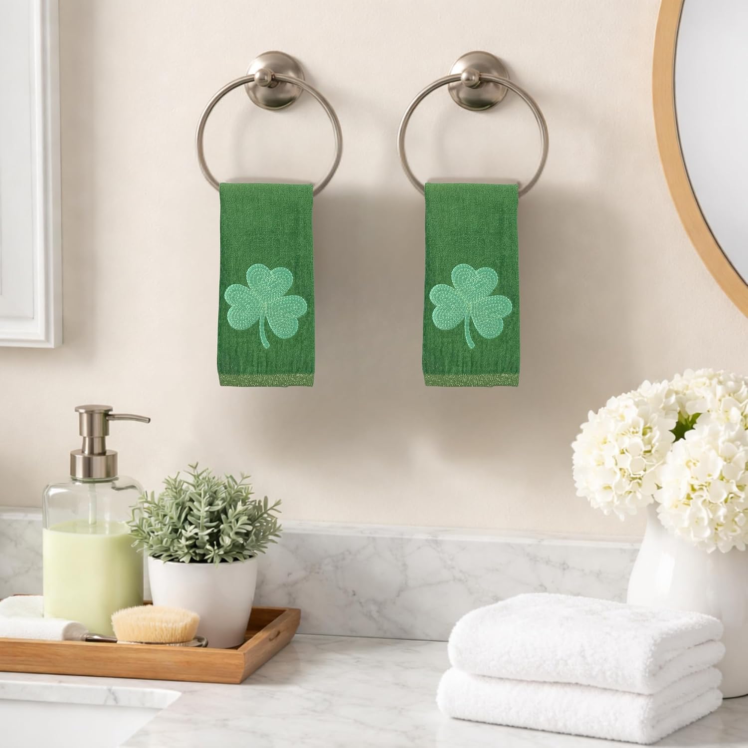 Serafina Home St. Patrick's Day Irish Kitchen Bathroom Hand Fingertip Towels: Soft Absorbent Embroidered Green Shamrocks Clovers Design for Bath, 100% Cotton, Set of Two, 12" x 18"