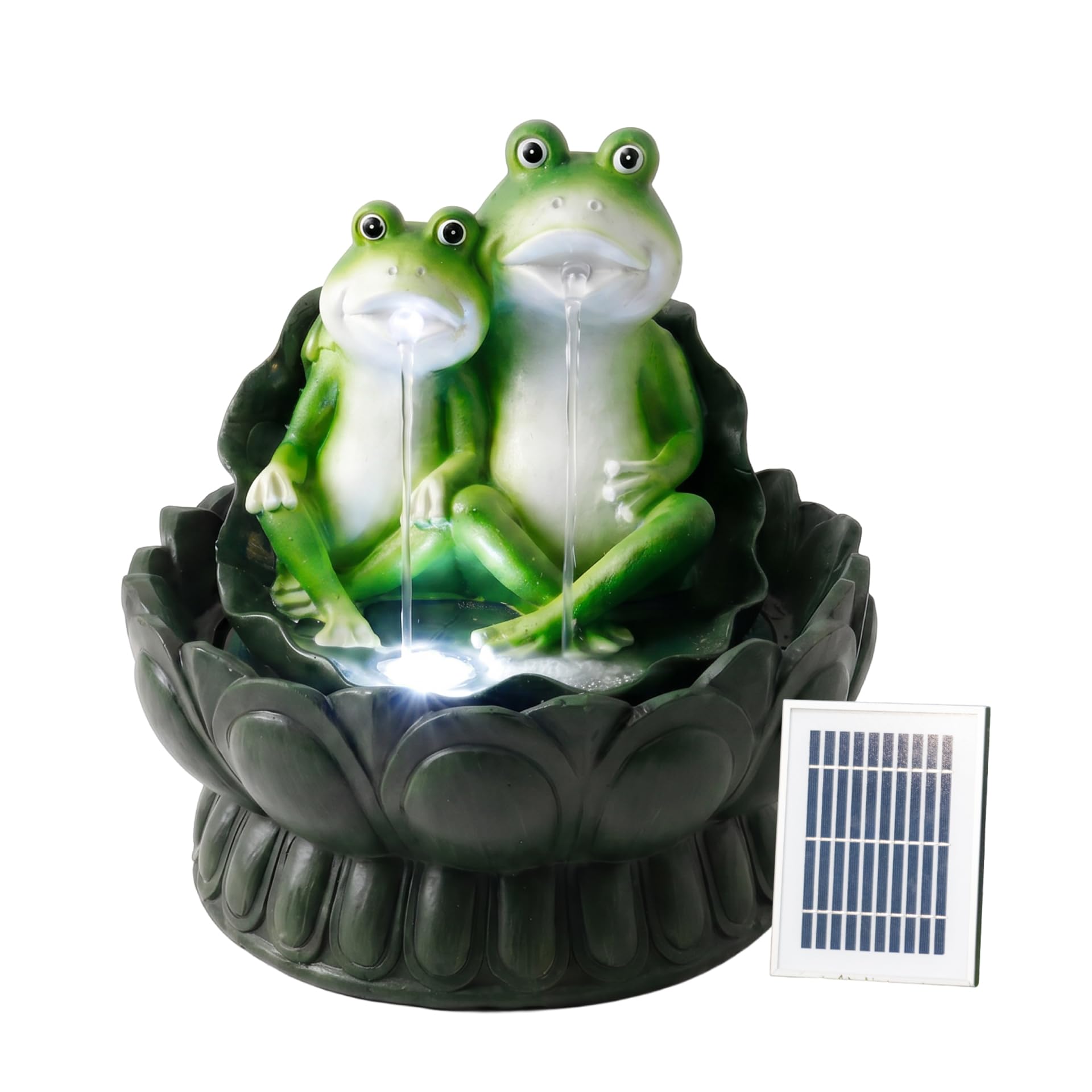 Gardenwize - Solar Powered Two Frogs on a Lily Pad Water Feature with LED Light & Battery Backup, Garden Fountain for Patios, Balconies and Decking