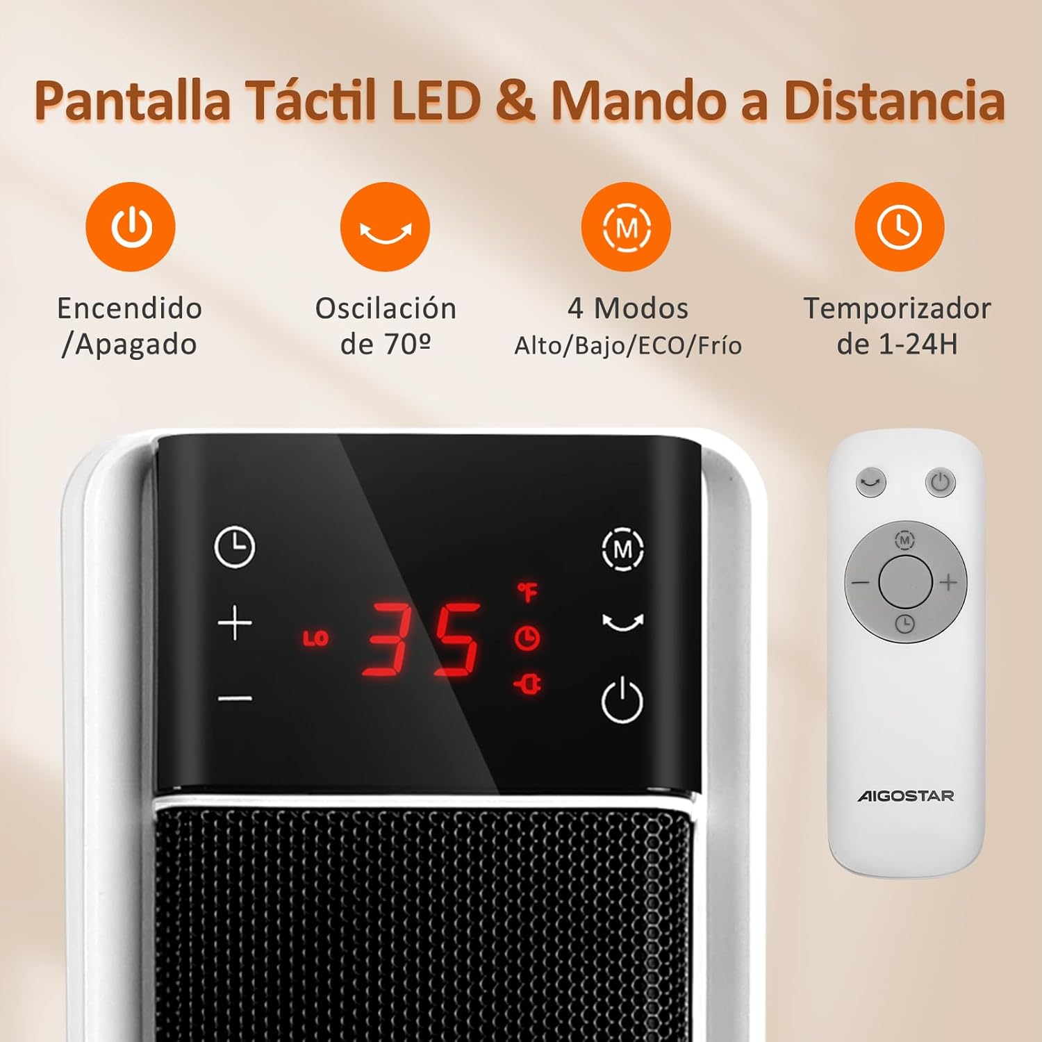 Aigostar Ceramic PTC Heater's LED touch screen and remote control, showing power, oscillation, mode, and timer buttons