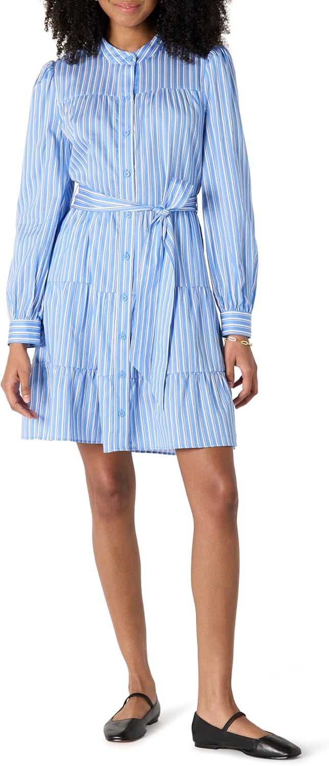 Amazon Essentials Womens Regular-Fit Cotton Sateen Tiered Shirt Dress