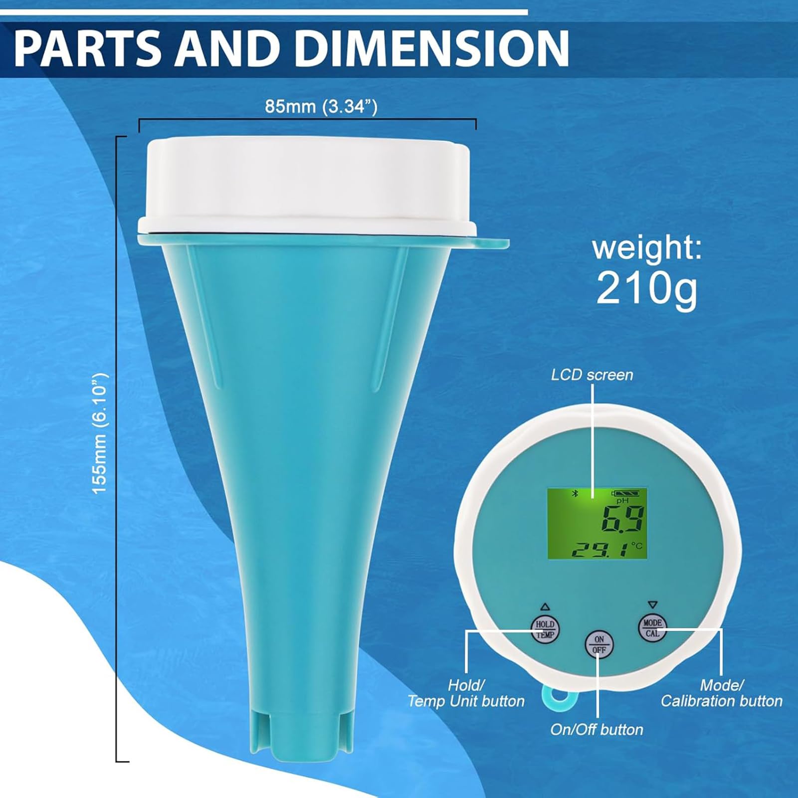 Analizador De Calidad del Agua 6 En 1, Monitor Flotante De Calidad del Agua con Bluetooth, Mide El PH, La Conductividad Eléctrica (EC), El Potencial De Oxidación-reducción (ORP), El Cloro