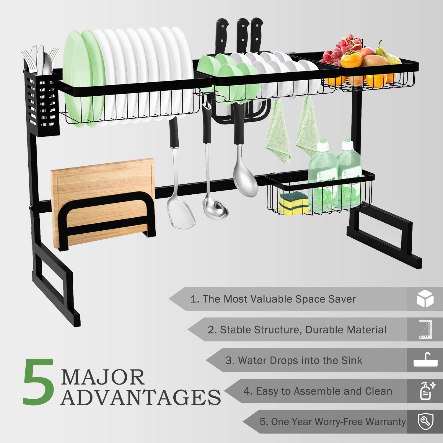 SOLEDI Dish Drying Rack Over The Sink, 2 Tier Large Stainless(Suit Max 32“ Sink) Dishes Drying Rack Countertop & Wall Organization Space Saver with Utensils Holders for Kitchen Storage Organizer