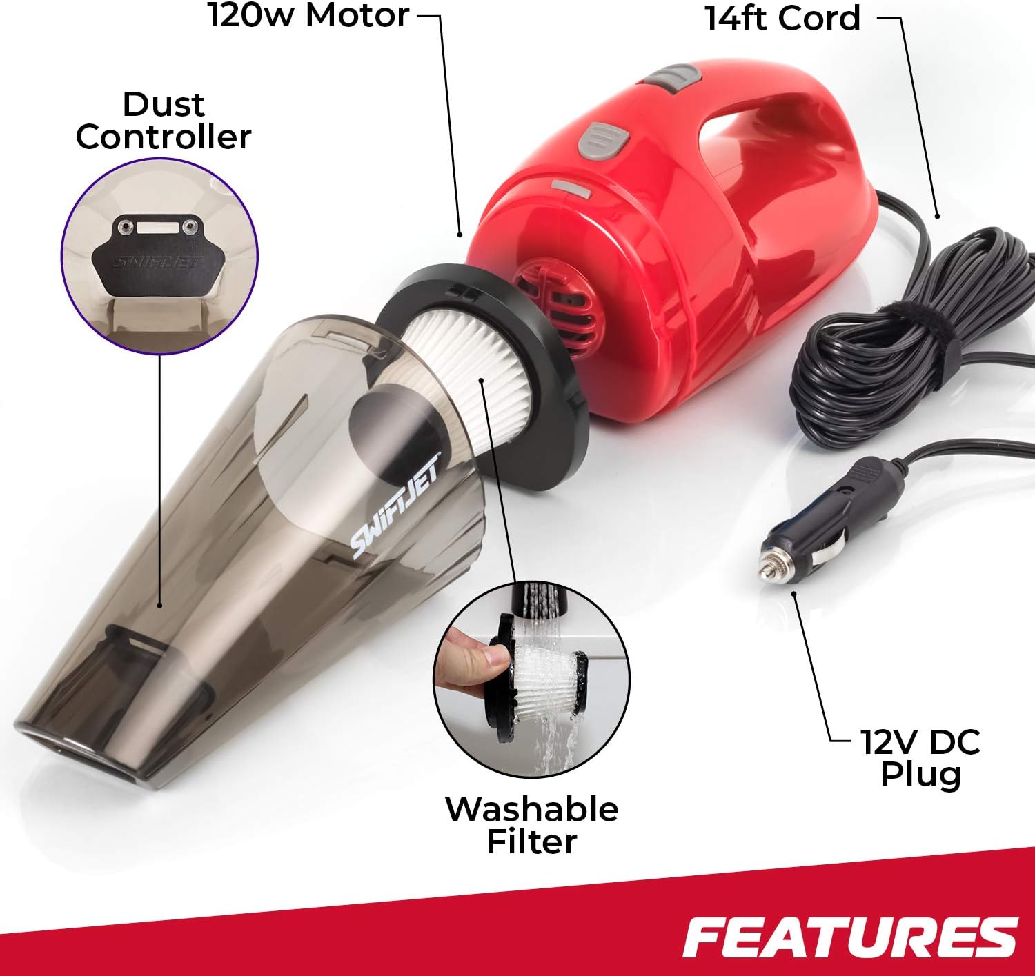 SwiftJet Car Vacuum Cleaner - New Model - High Powered 5 KPA Suction Handheld Automotive Vacuum - 12V DC 120 Watt - 14.5" Cord - Multiple