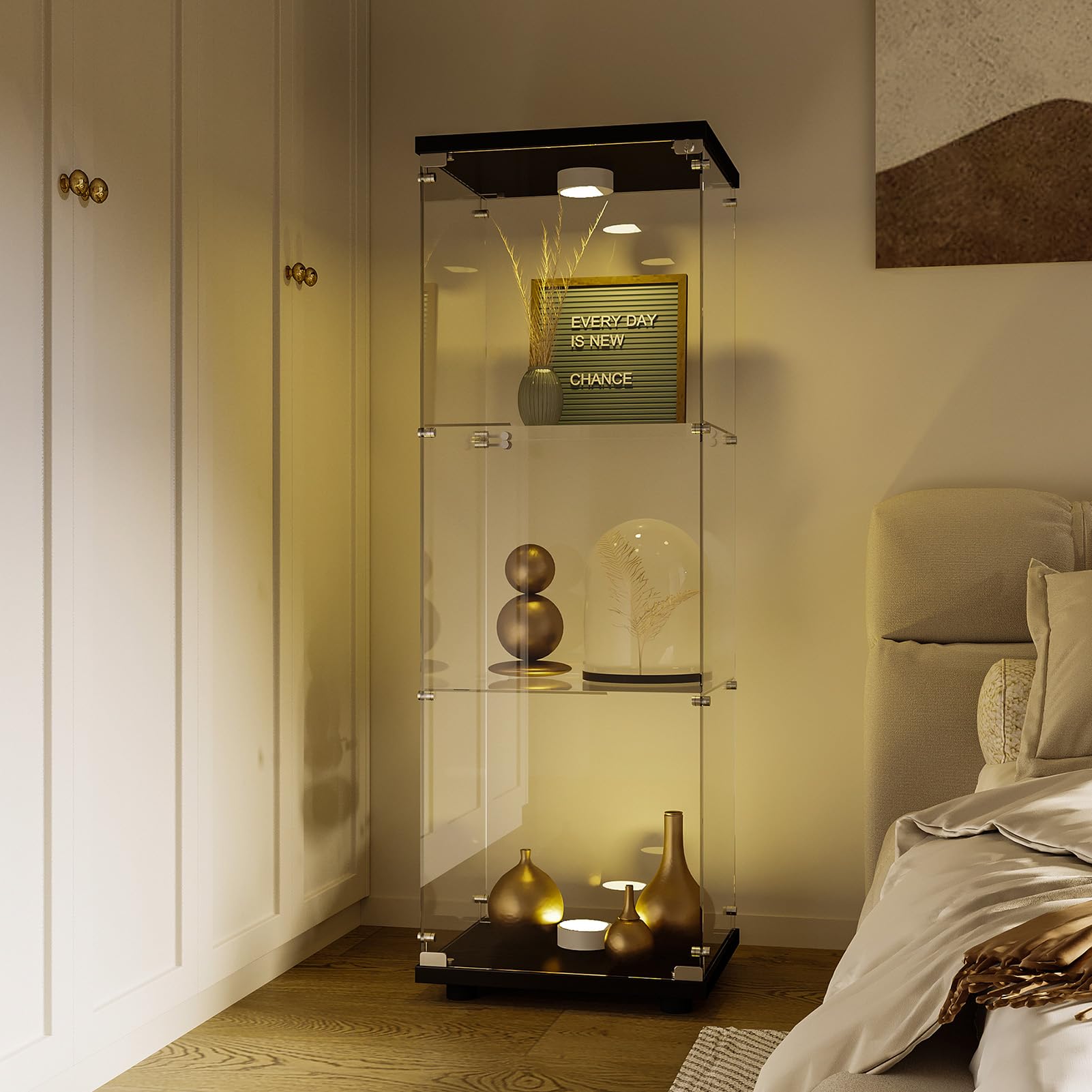 Vitrina con luz LED, 1 puerta, 3 estantes, para coleccionables y recuerdos, perfecto para decoración de sala de estar y oficina, elegante armario de cristal para mostrar tesoros