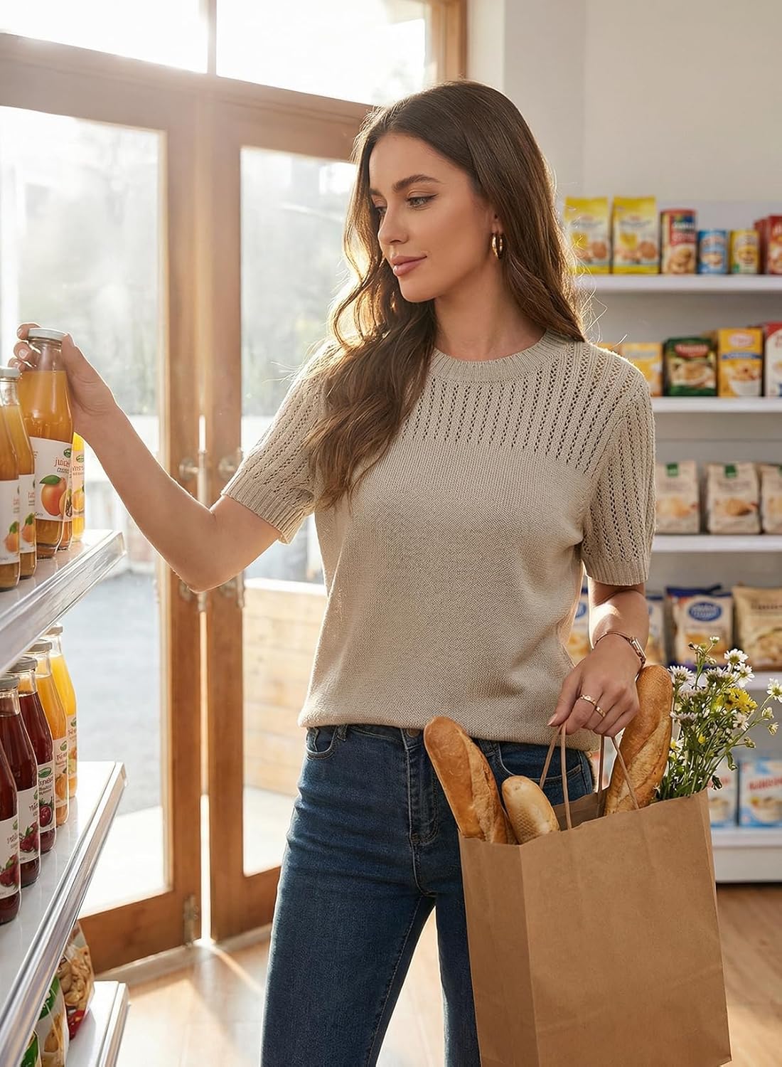 Dokotoo Womens Summer Tops Dressy Casual Crewneck Short Sleeve Shirts Solid Hollow Out Knit Loose Sweater Blouses - Image 5