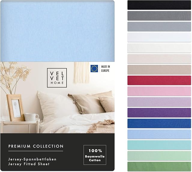 VelvetHome Prześcieradło z gumką 200x220cm | 100% Bawełna czesana | Made in EU | 165gsm | Jersey | Jakość Premium | Piękne Kolory | Błękitny | 200 x 220 +30