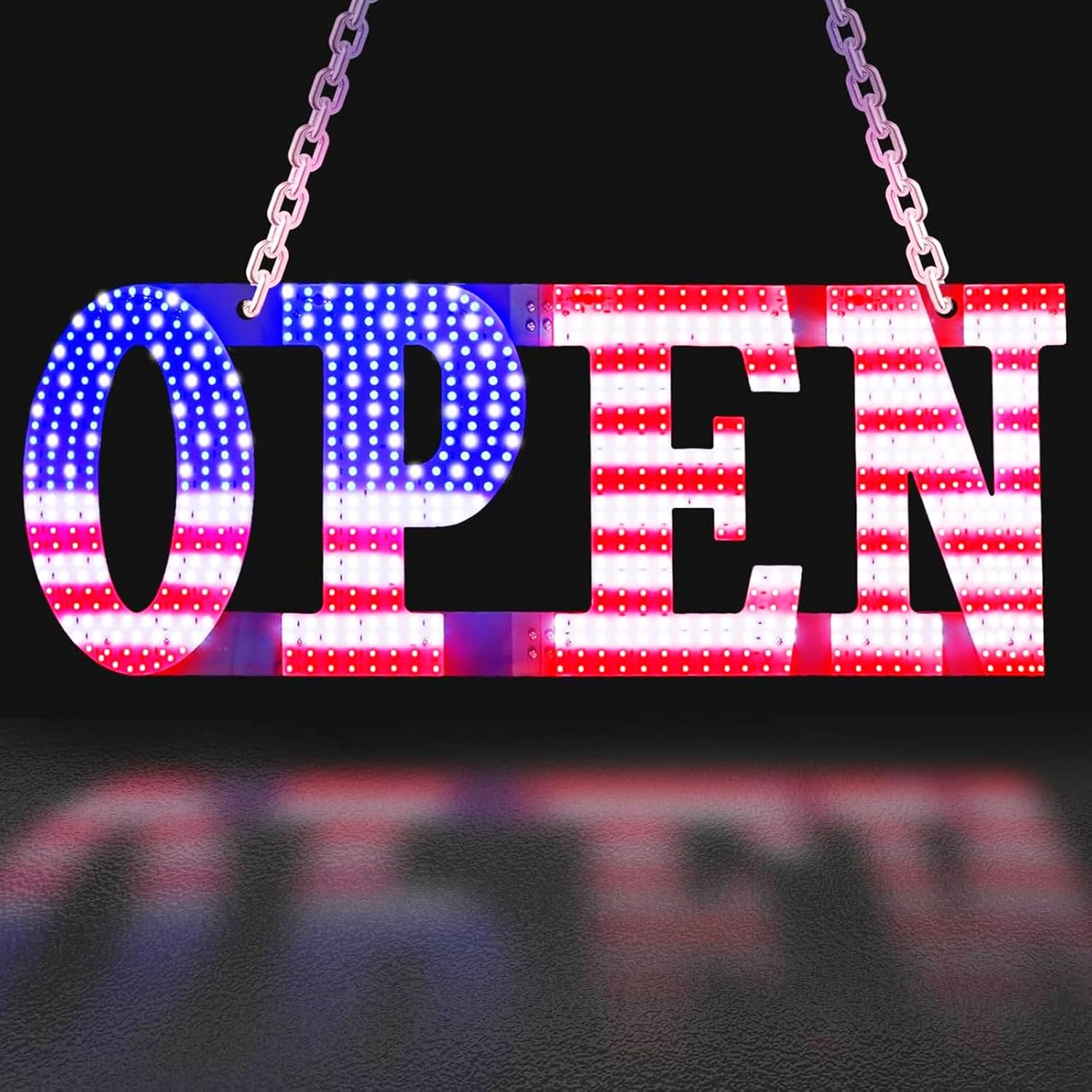 Large LED Open Sign for Business - Unique Design super Bright Open Signs With chain - High Visibility for Stores, Bar, Hotel, Retail Shops,Window, Salon, Restaurant, Office (American Flag, 30 "x 10")