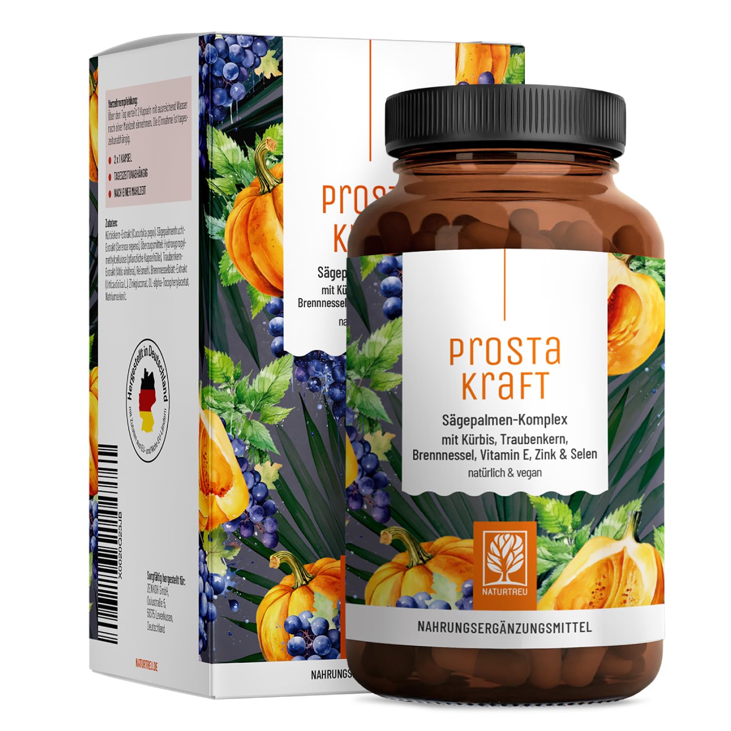 NATURTREU® Sägepalmen Komplex - 120 vegane Kapseln hochdosiert mit Sägepalmenextrakt (301 mg), Brennnessel, Kürbiskern mit Vitamin E, Zink, Selen - 2 Monatsvorrat