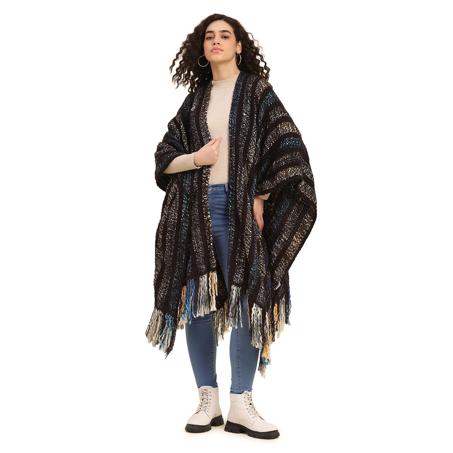 boho girl Bohemian Black Poncho | Multicolor Knitted Cape | Winter Cardigan for Women | Black Multicolor Knitted Winter Jacket-picture-18