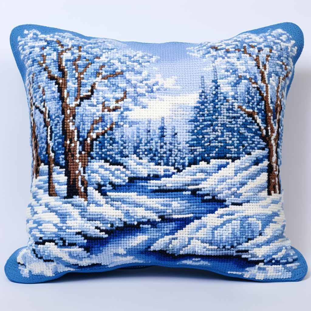 White Snow Tree and River Latch Hook Pillow Kits Printed Embroidery Pillowcase DIY Crochet Yarn Hook and Latch Craft Art Cushion for Home Christmas Decoration 43x43cm(4)