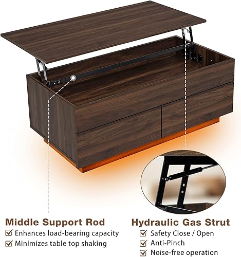 Miniatura 78 de HOMMPA Morden - Mesa de centro elevable de 40 pulgadas con almacenamiento, mesa de centro LED de alto brillo, mesa de té moderna de 3 niveles con