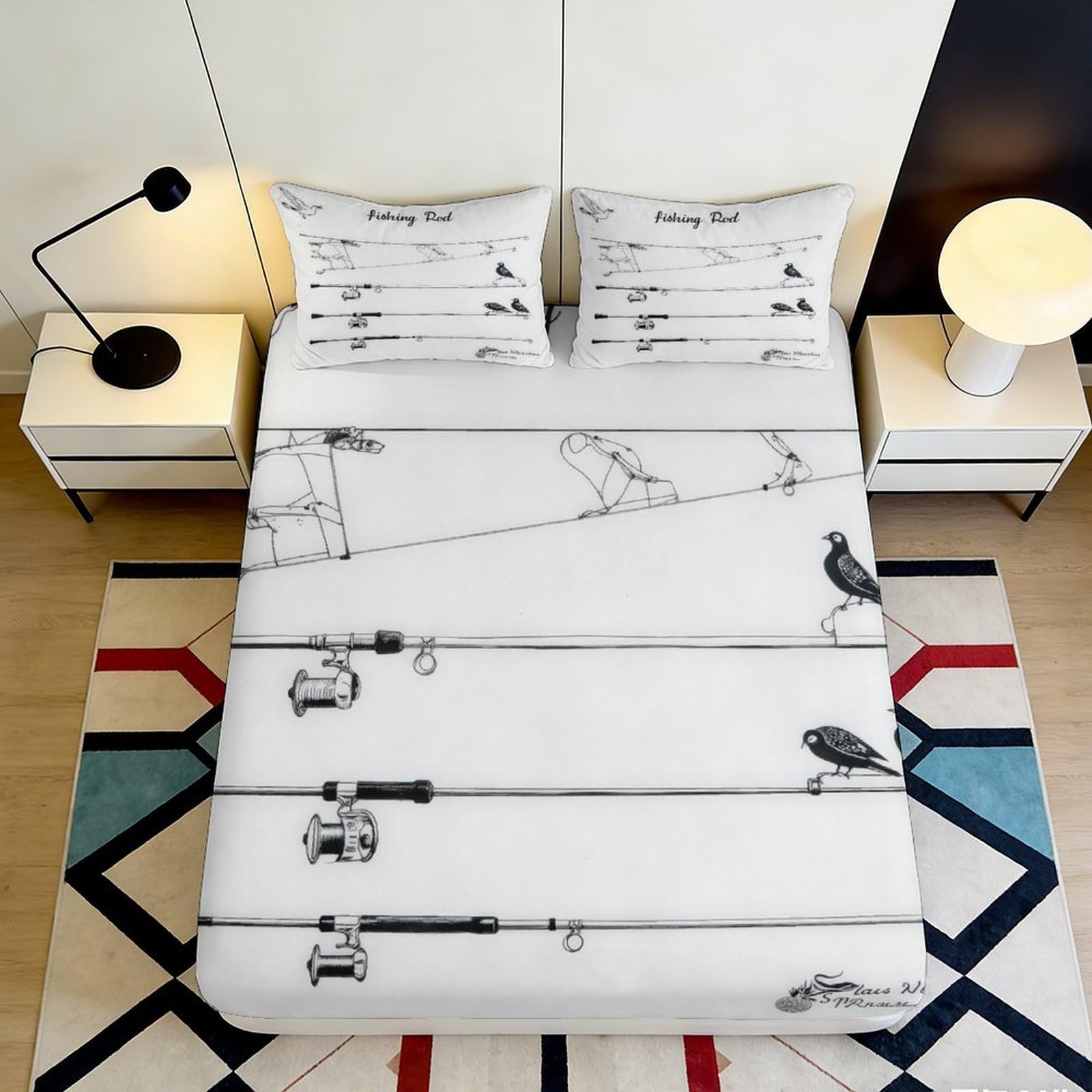3D Printed Fishing Rod Fitted Sheet Microfiber Soft Breathable Fishing Rod Bed Sheet for Bedroom Dormitory Guest Room Mattress Protection Decor 200x200x25cm
