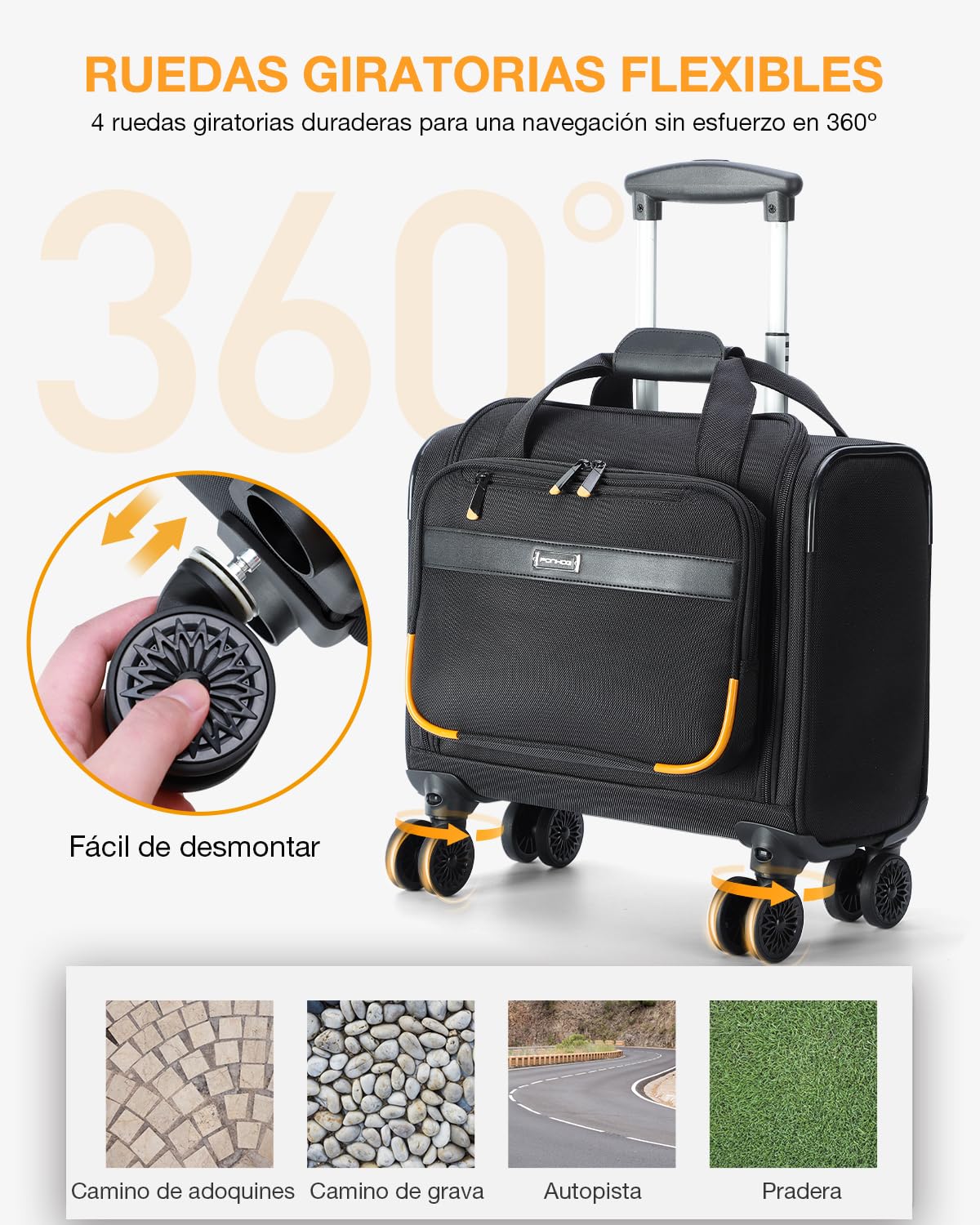 Ponhog Maletín con 4 Ruedas para Ordenador Portatil, Resistente al Agua para Hombres y Mujeres, Negocios, Viajes, Trabajo - 15.6 Pulgadas, Negro