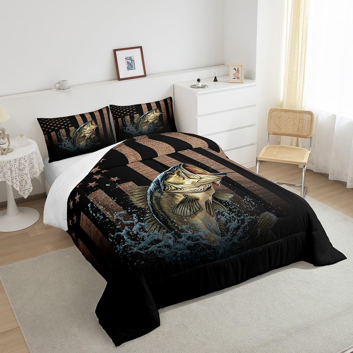 Feelyou American Flag Bedding Set Fishing and Hunting Comforter Set for Kids Boys Girls Teens Room Decor Pike Fish Comforter Full Size Rustic Wooden Duvet Set 3Pcs - Image 5