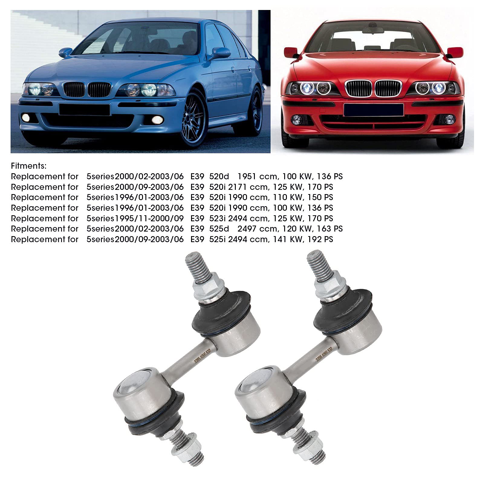 VOLLSUN 2 szt. Tylny stabilizator pręt stabilizator poprzeczny głowica 33551095532 wysokiej jakości guma ze stopu aluminium zamiennik dla modeli serii 5 E39 520 540 525 530 535