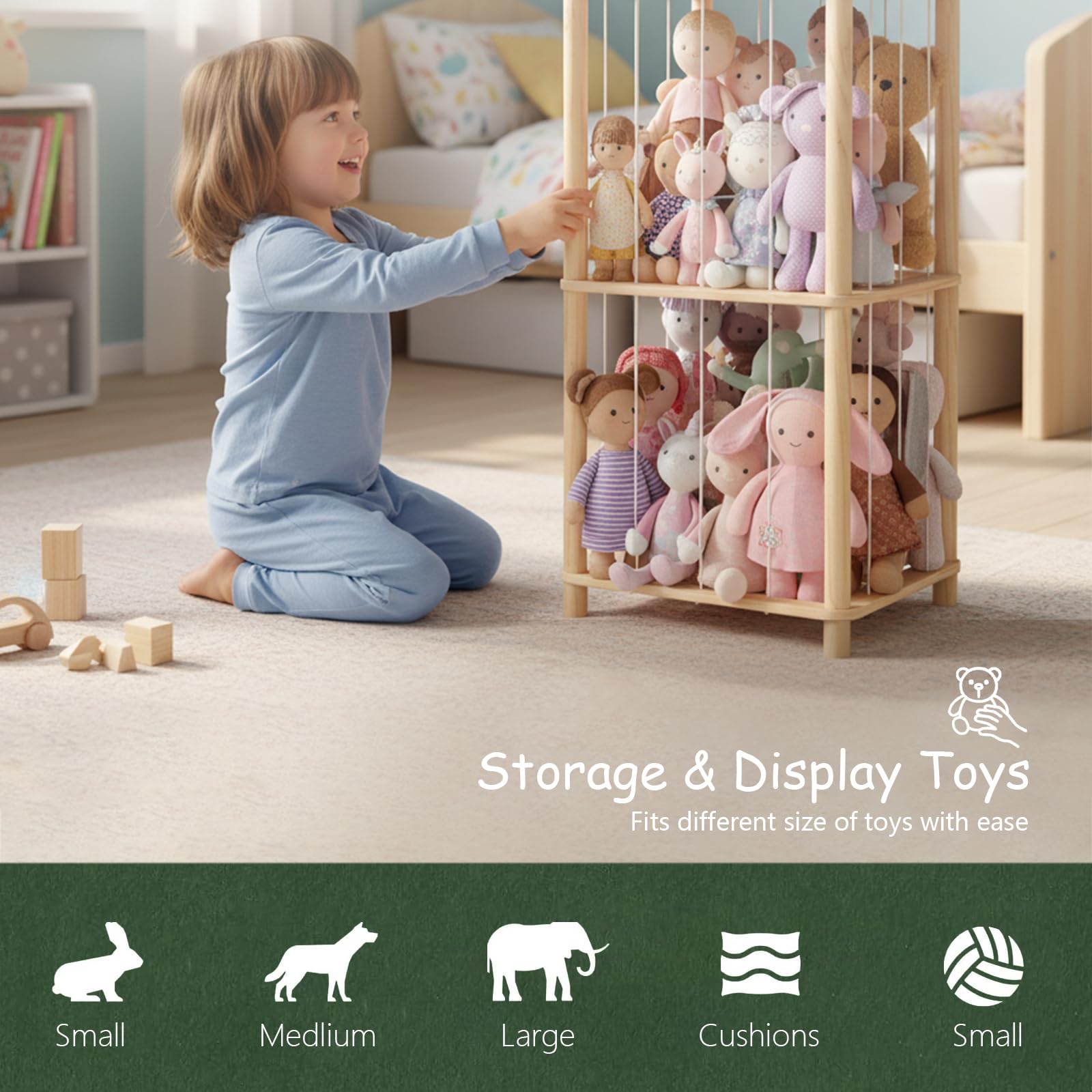 Holz Kuscheltier Aufbewahrung,Stofftier Aufbewahrung,136 * 40 * 40cm plüschtier aufbewahrung für Kinderzimmer, Spielzimmer, Wohnzimmer usw