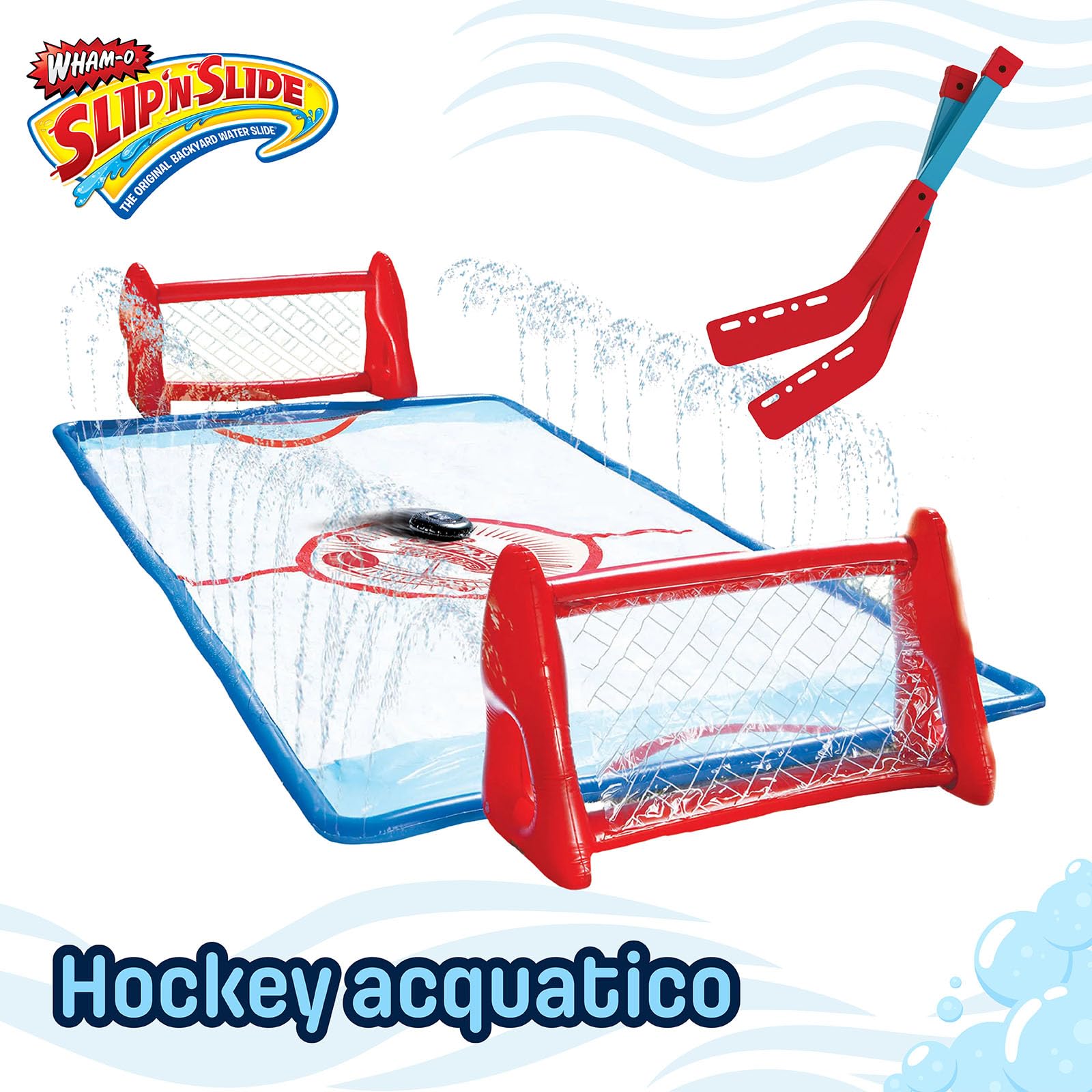 Wham-O Slip N Slide Set Hockey Acqua Ginocchio da Giardino, Include 2 Porte Gonfiabili, 2 Bastoni, 1 Disco Gonfiabile