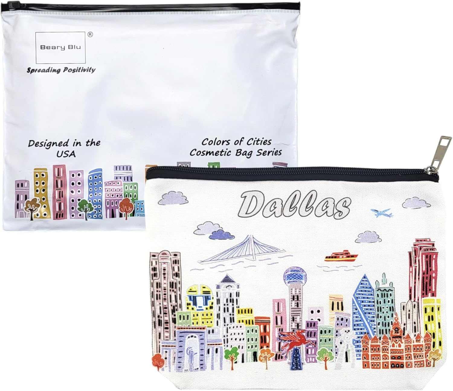 City Themed Artwork Cosmetic Bag Series – Designed in USA, Travel Makeup Bag with Zipper, Souvenir Gift for Women, Artwork Organizer for Purse or Toiletry (Dallas)