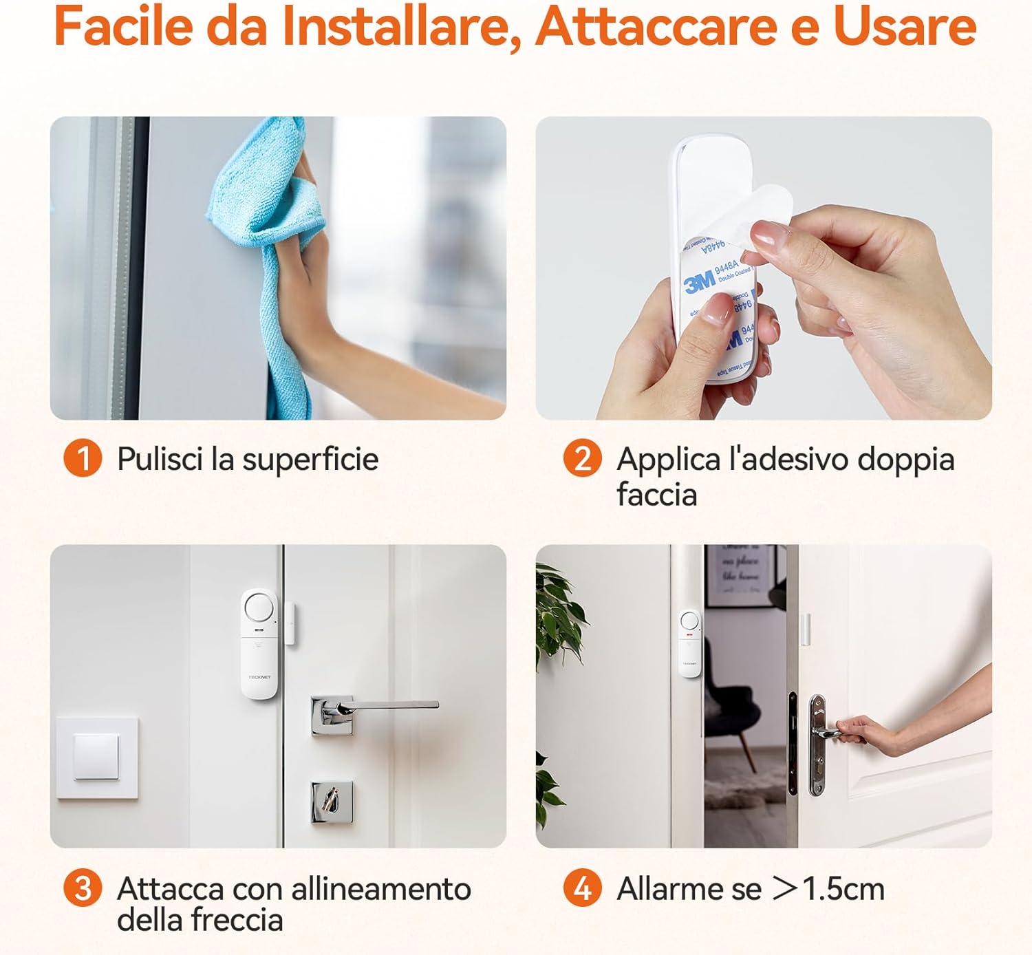 Four scenarios for TECKNET alarm use: deterring thieves, accidental pool entry, pet escape prevention, and child safety