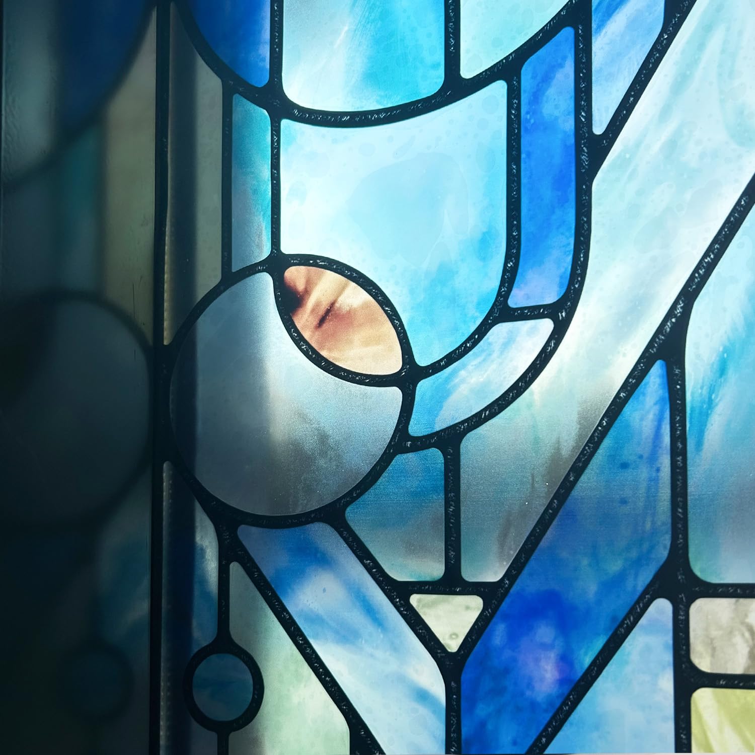ChicSkin Hand-drawn Stained glass window film, Blue Geometry Patterns Self-Adhesive double-sided decorative Window Privacy Film Static Cling Glass Decoration for Living room Bedroom Kitchen 28X140CM