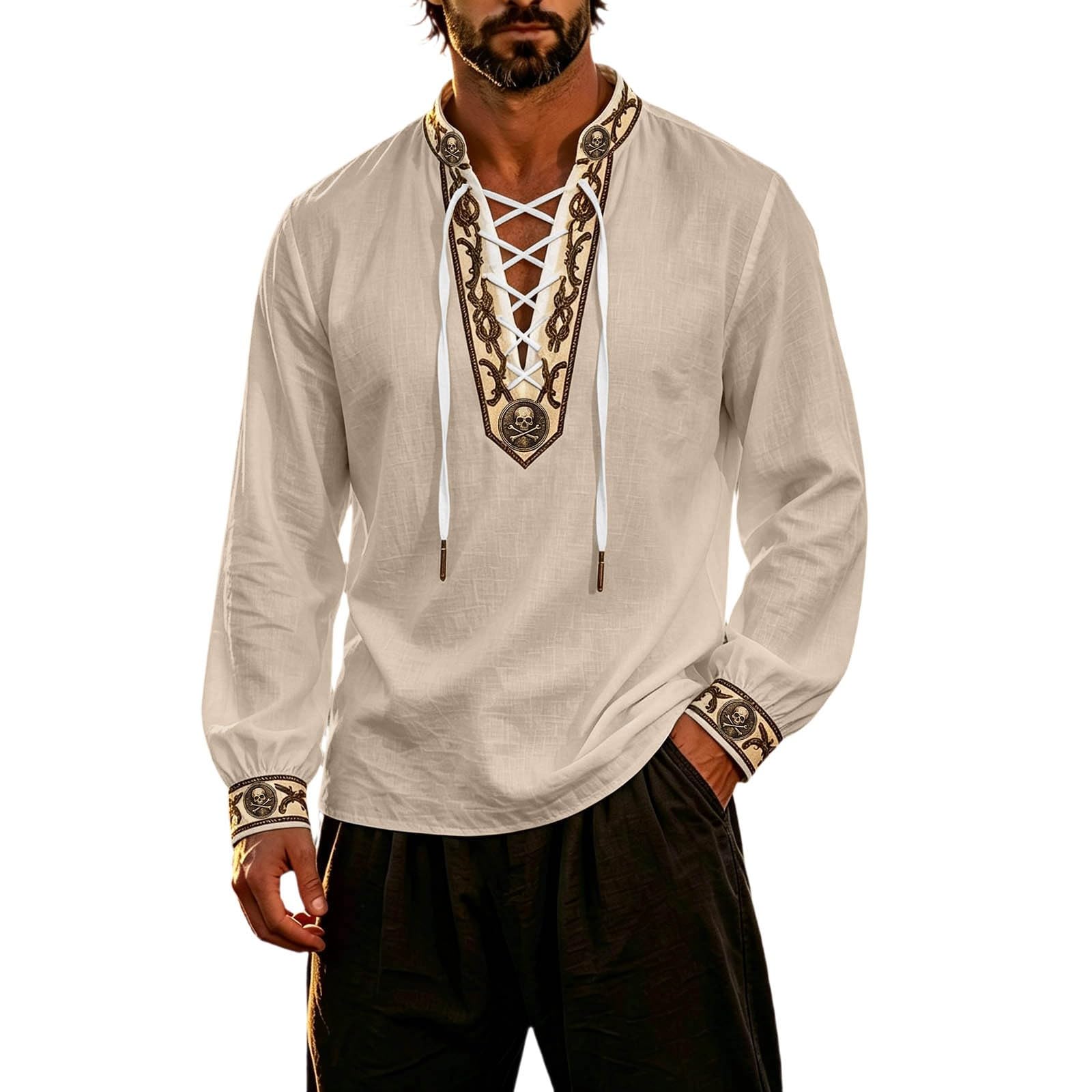 Classic Themed Men's Long Sleeve Shirt for Adventure Nautical Style Top with for Everyday Wear and Cosplay (j-Khaki, XXXL)