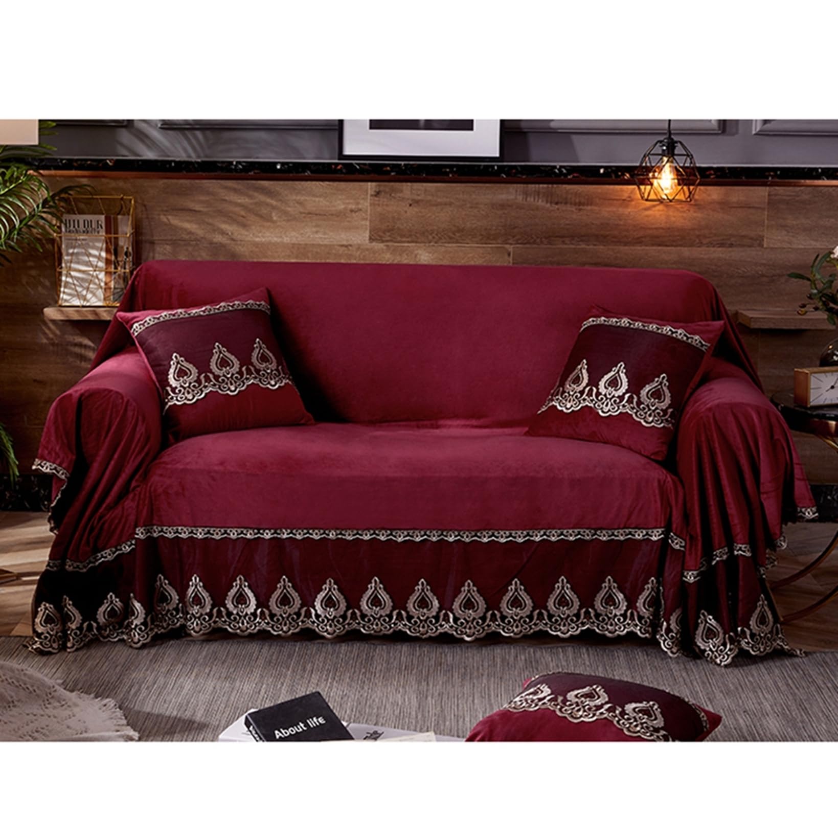 Amazon｜ソファカバー ベロア 無地 防汚 ワインレッド 防塵 レースの