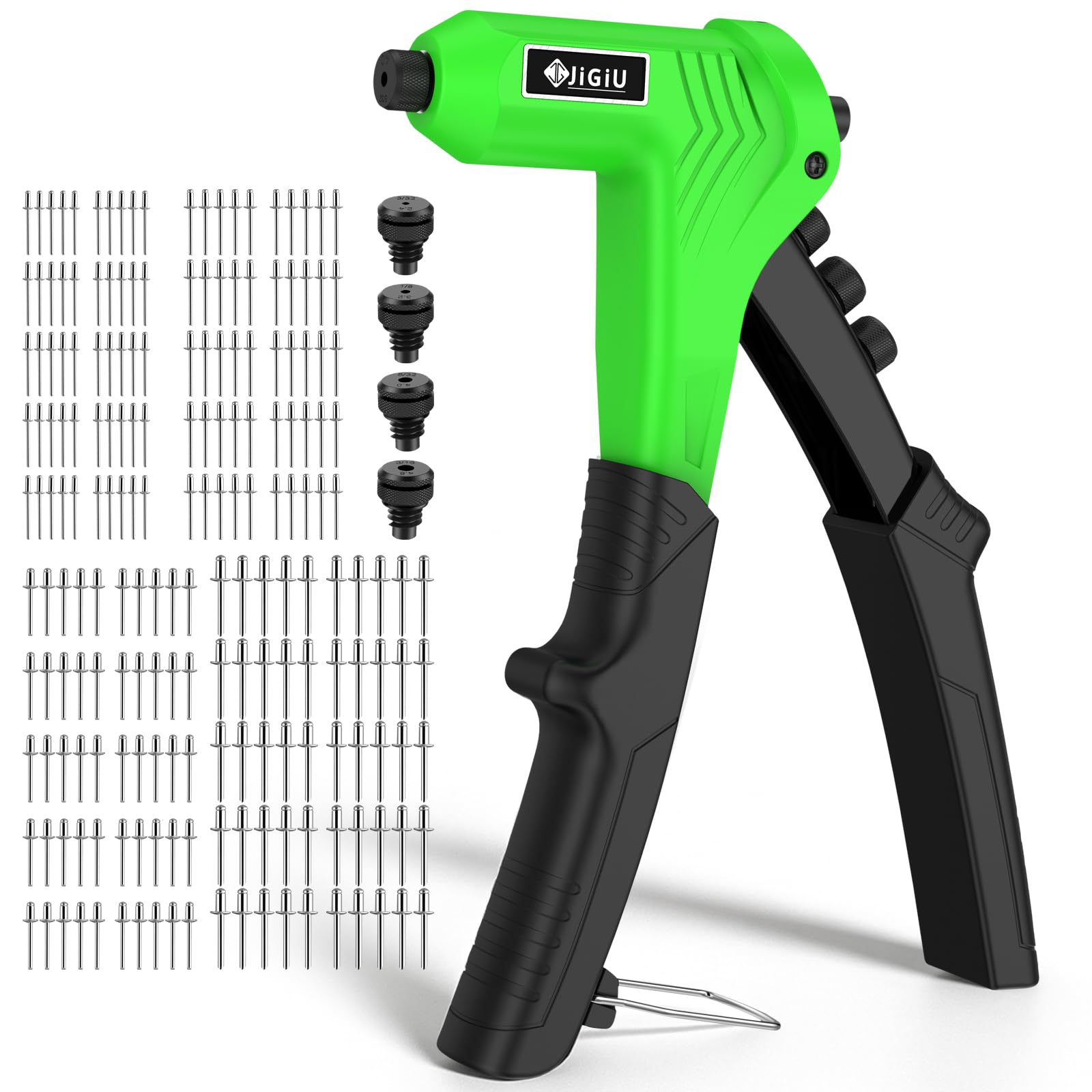 JiGiU Pistolet à Rivets avec 200 Rivets, Kit de Pistolet à Rivets à Main, Outil de Rivetage Manuel Professionnel avec 4 Embouts Interchangeables Sans Outil, Design de Poignée Ergonomique