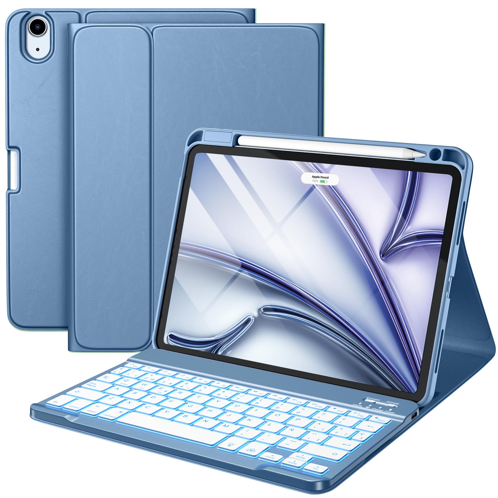Vobafe Funda Teclado para iPad Air 11 Pulgadas M4 M3 M2 (2026/2025/2024), Teclado para iPad Air 5 4 Generación 2022/2020, QWERTY Español Ñ, Retroiluminación Magnético Bluetooth Keyboard, Azul